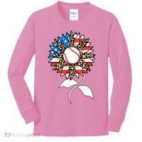 Cute USA American Flag Baseball Sunflower Kids Long Sleeve Shirt thumb 0