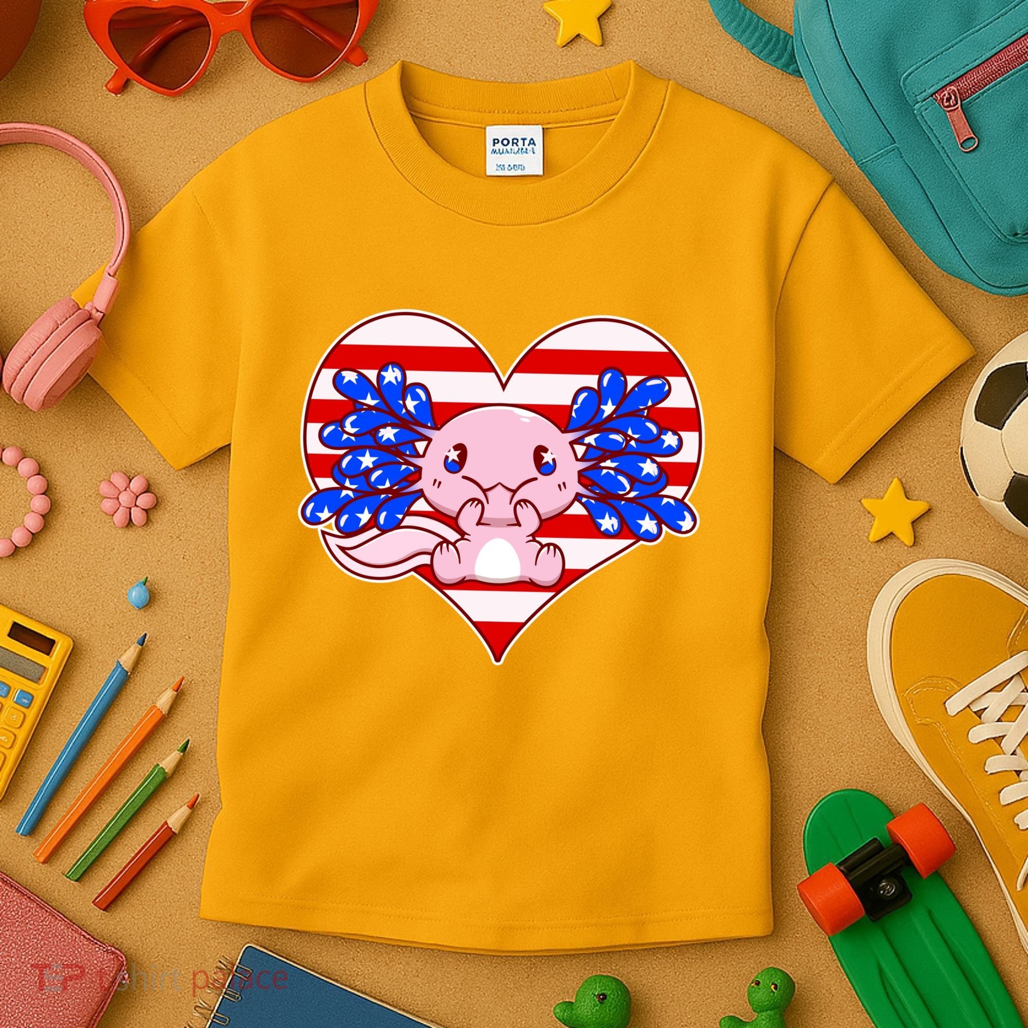Cute USA American Flag Axolotl Kids T-Shirt