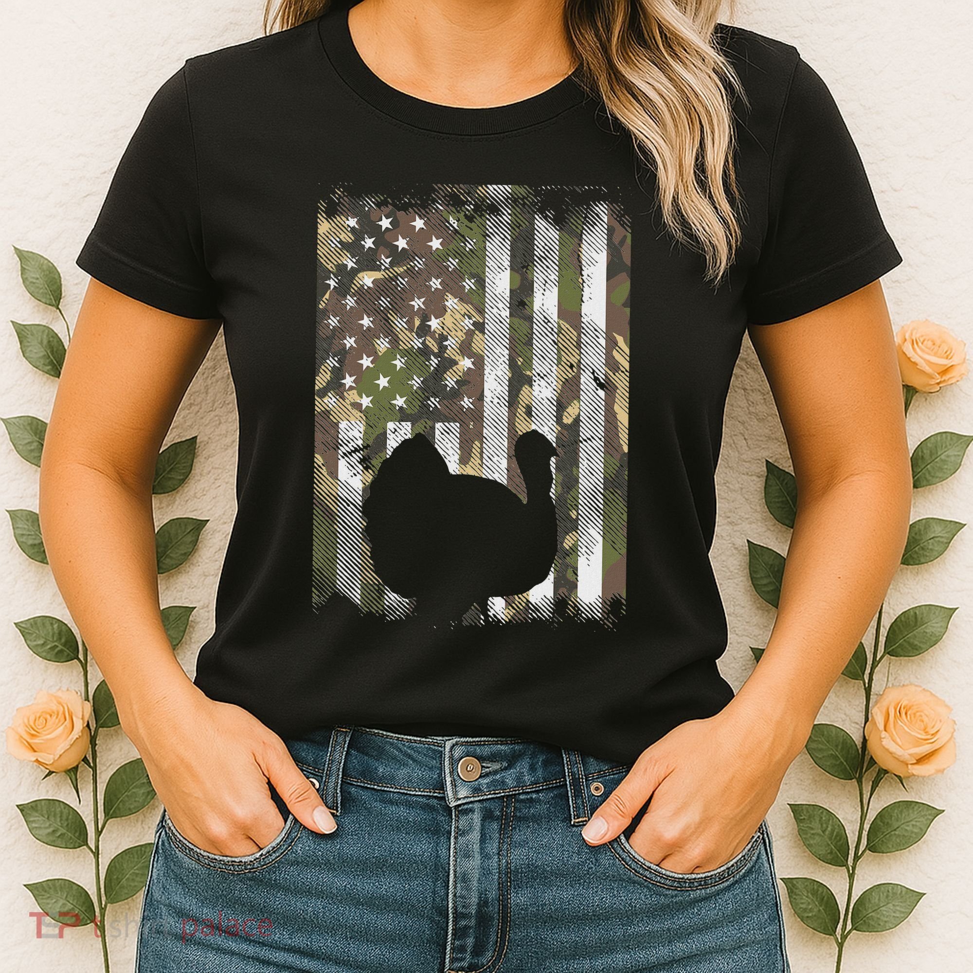 Camo Us America Flag Turkey Day Hunting Thanksgiving Gift Women's T-Shirt