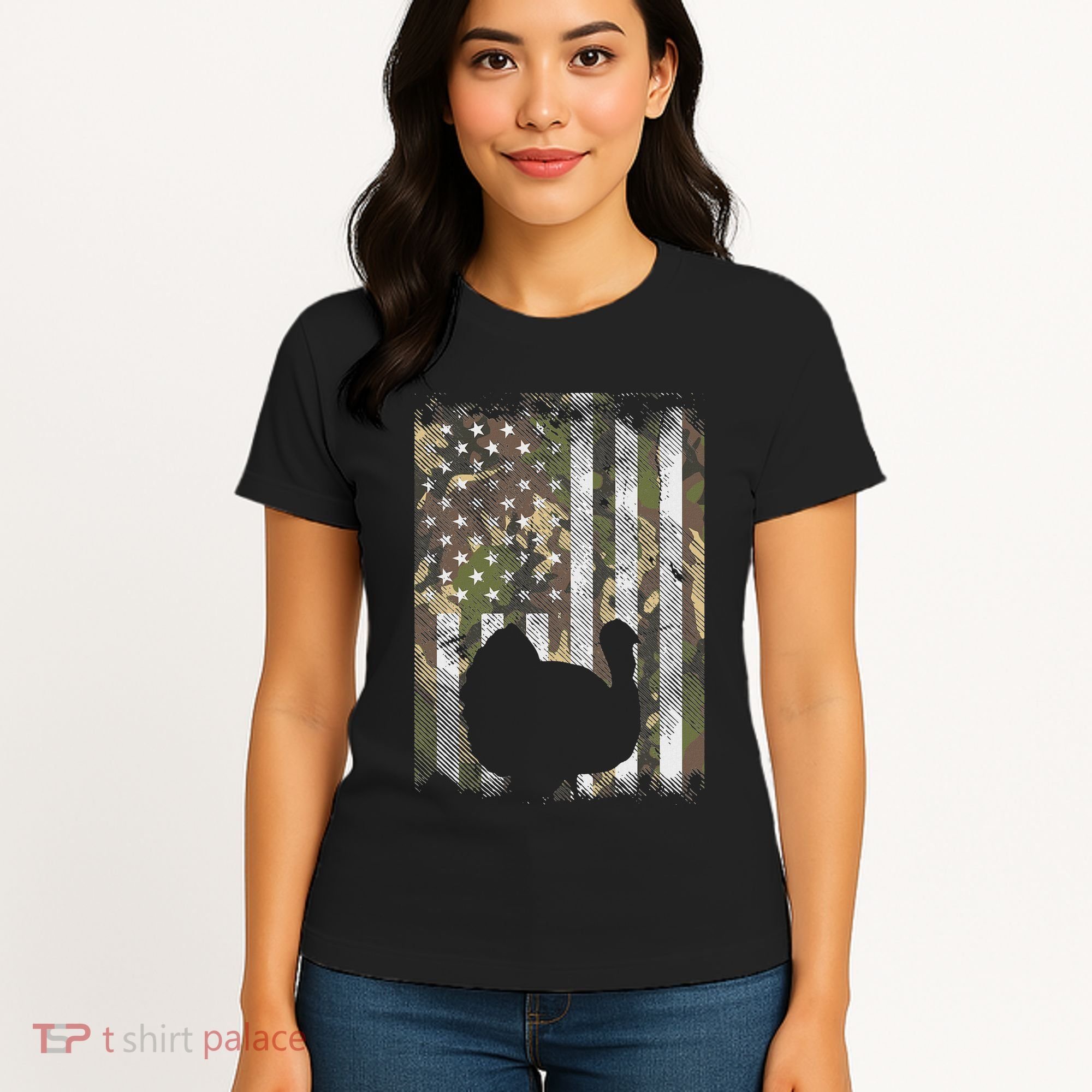 Camo Us America Flag Turkey Day Hunting Thanksgiving Gift Women's T-Shirt