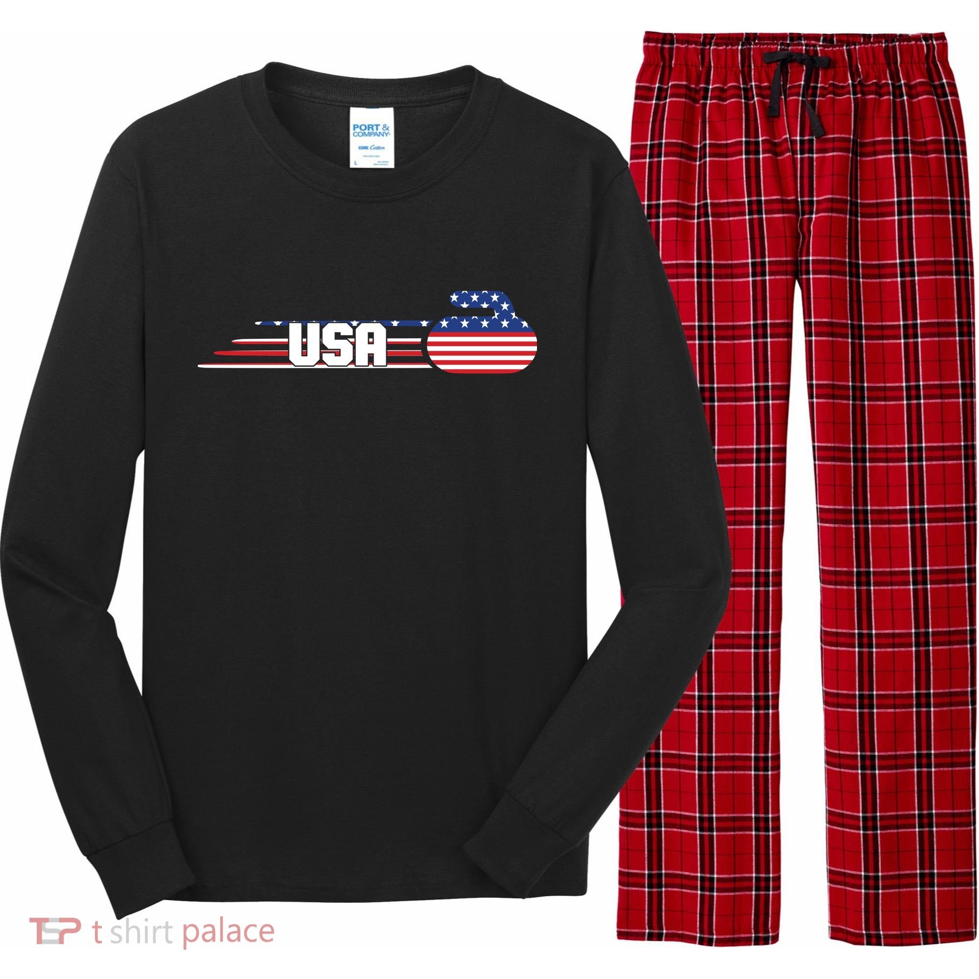Cool USA Curling Team Sports Logo Long Sleeve Pajama Set