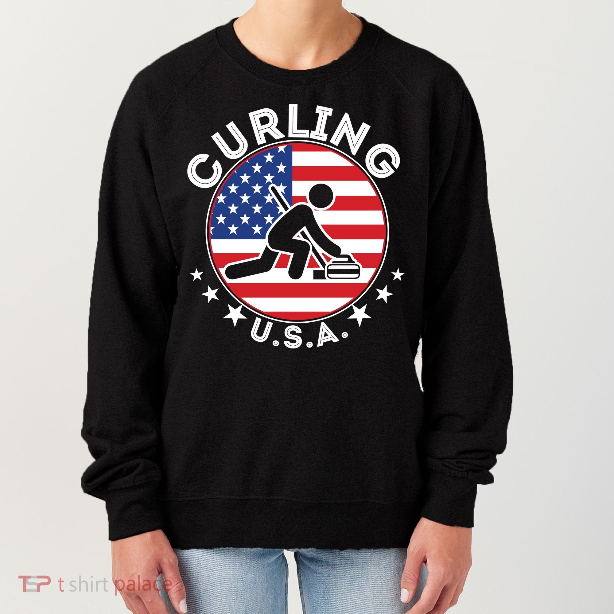 Cool USA Curling Team Flag Emblem Logo Women's Sweatshirt