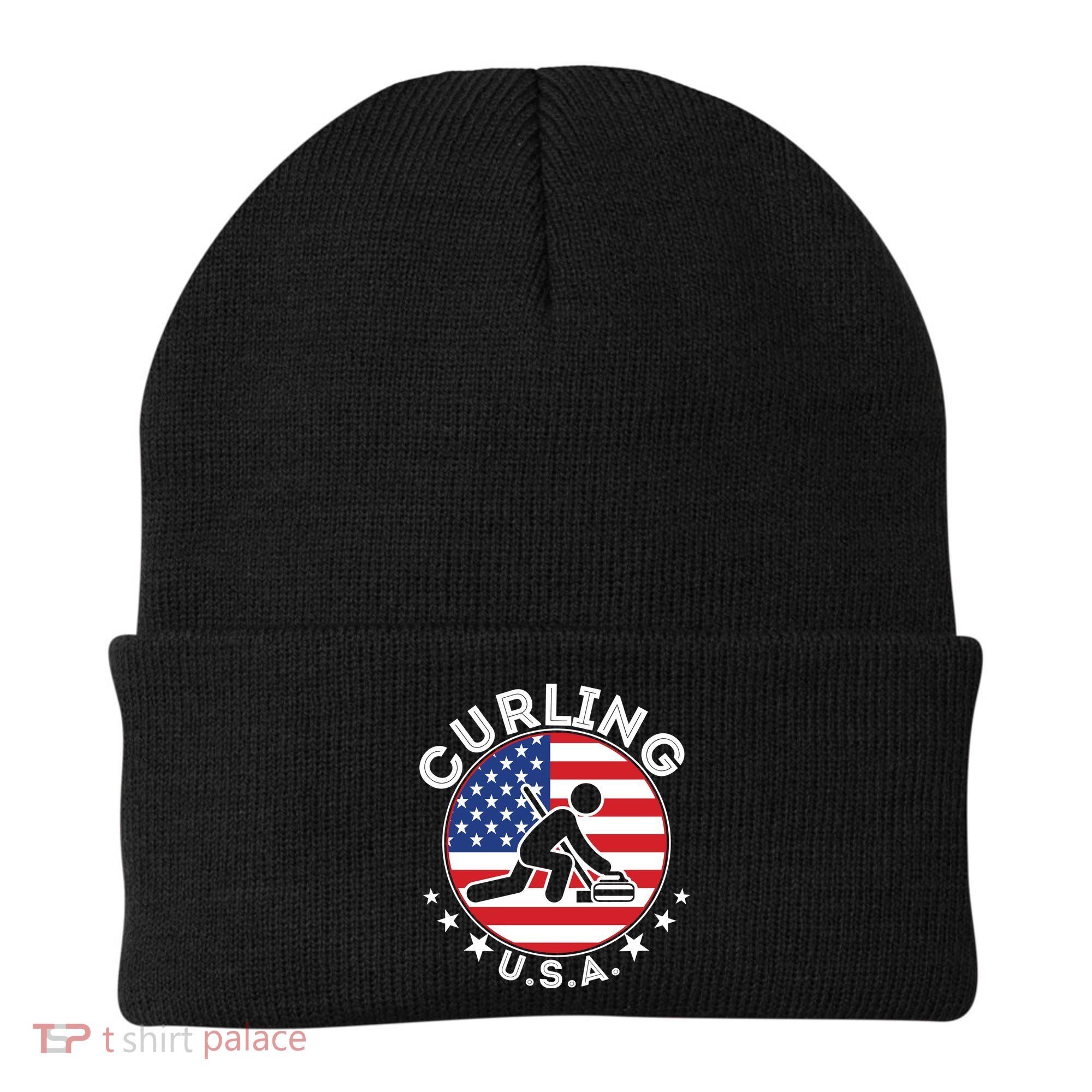 Cool USA Curling Team Flag Emblem Logo Beanie