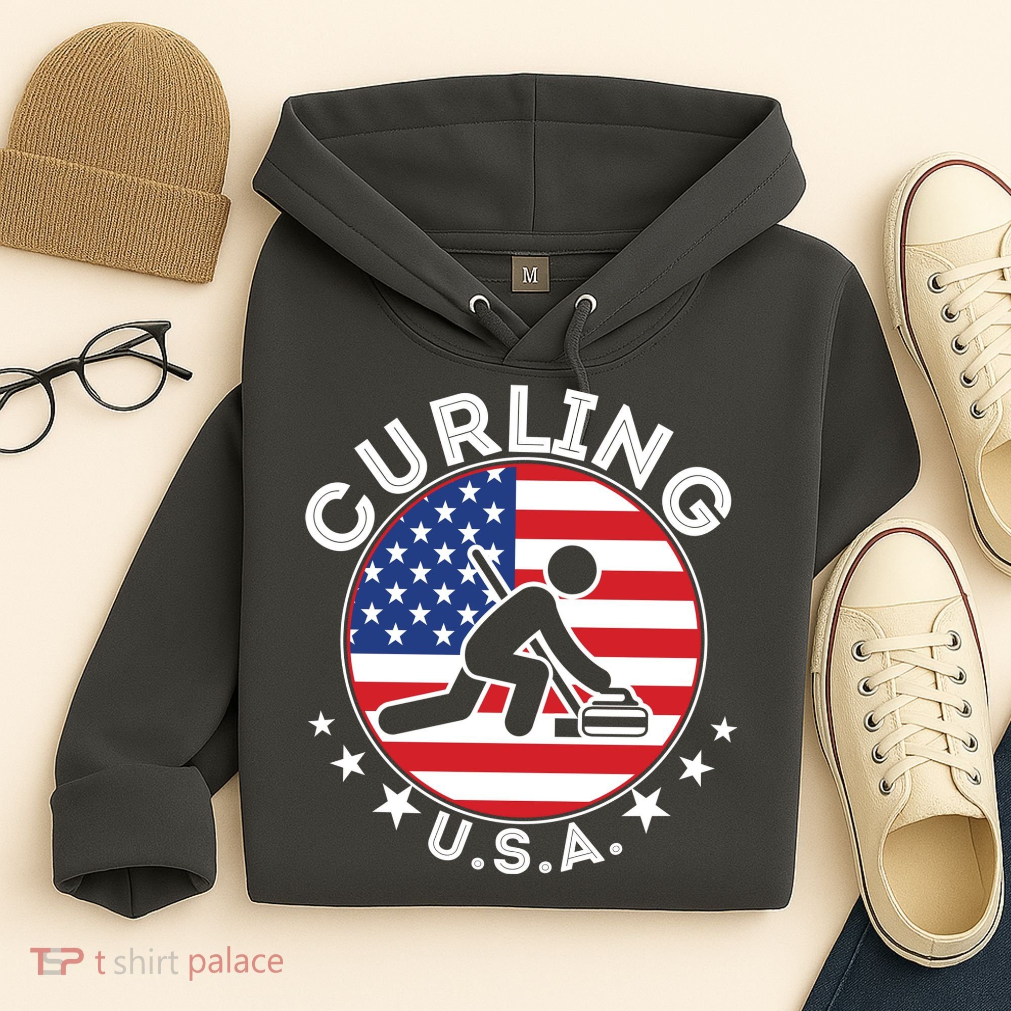 Cool USA Curling Team Flag Emblem Logo Hoodie