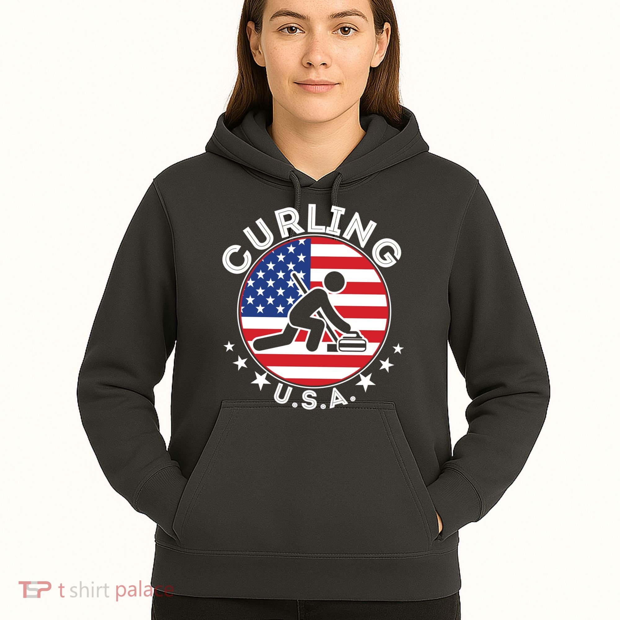 Cool USA Curling Team Flag Emblem Logo Hoodie