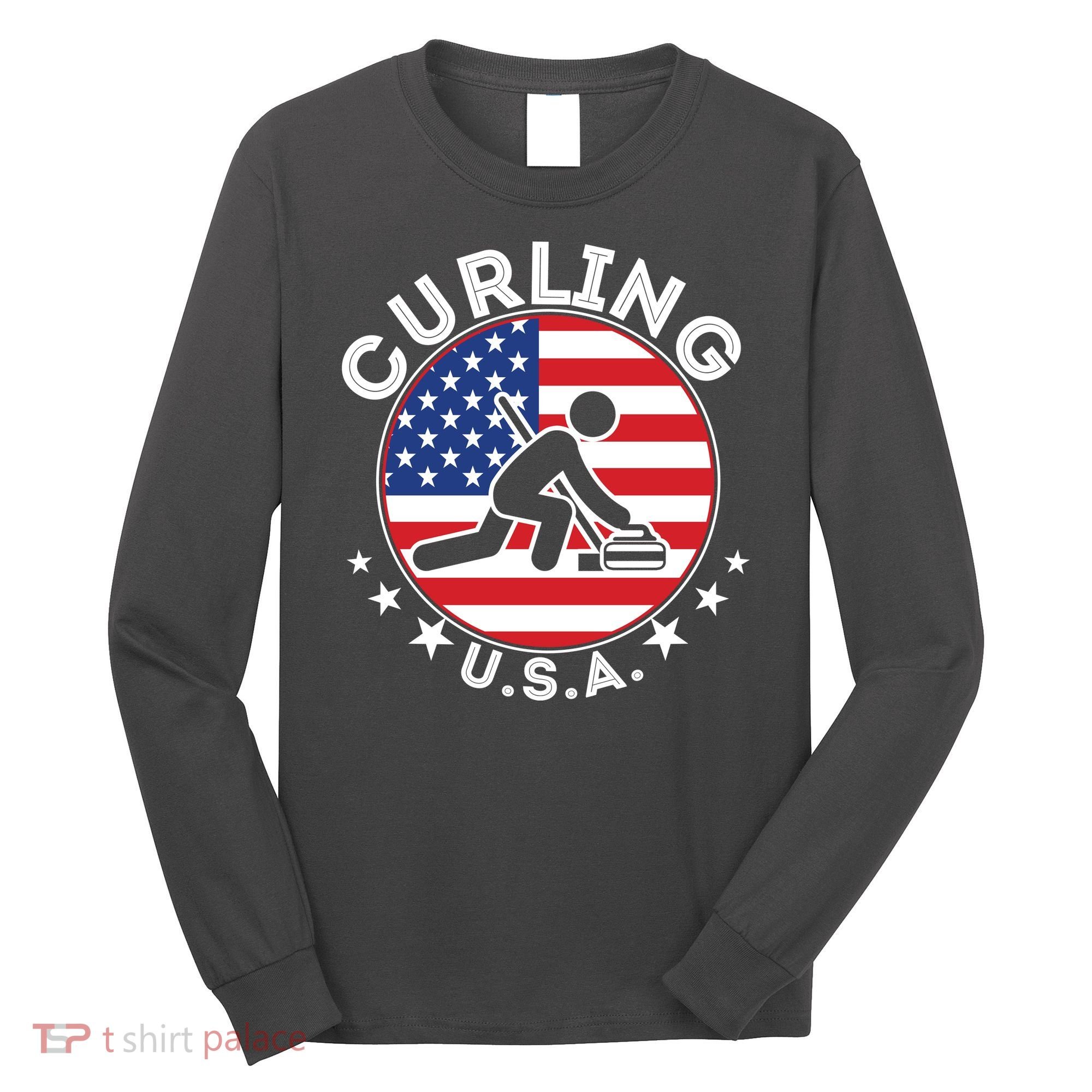 Cool USA Curling Team Flag Emblem Logo Long Sleeve Shirt