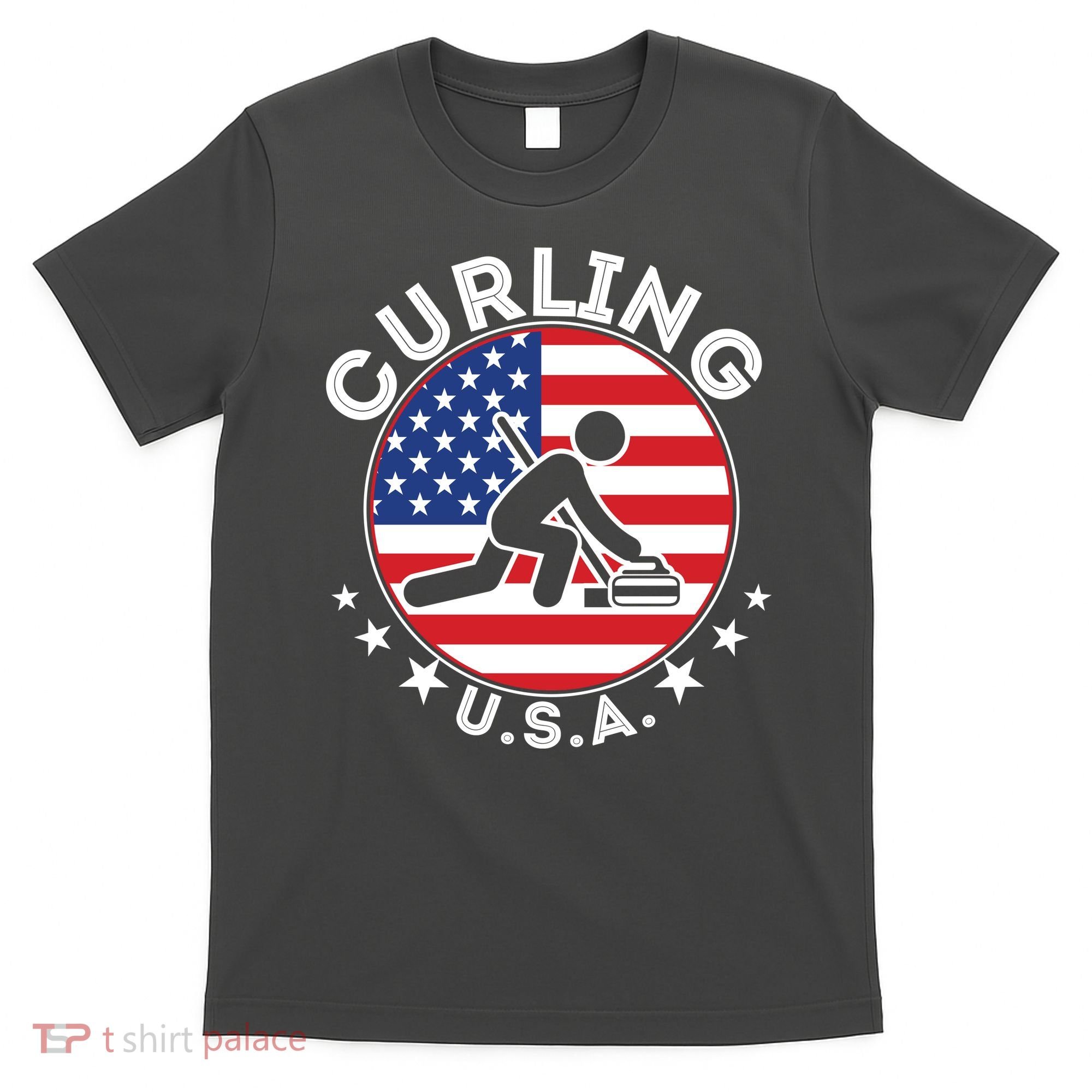 Cool USA Curling Team Flag Emblem Logo T-Shirt