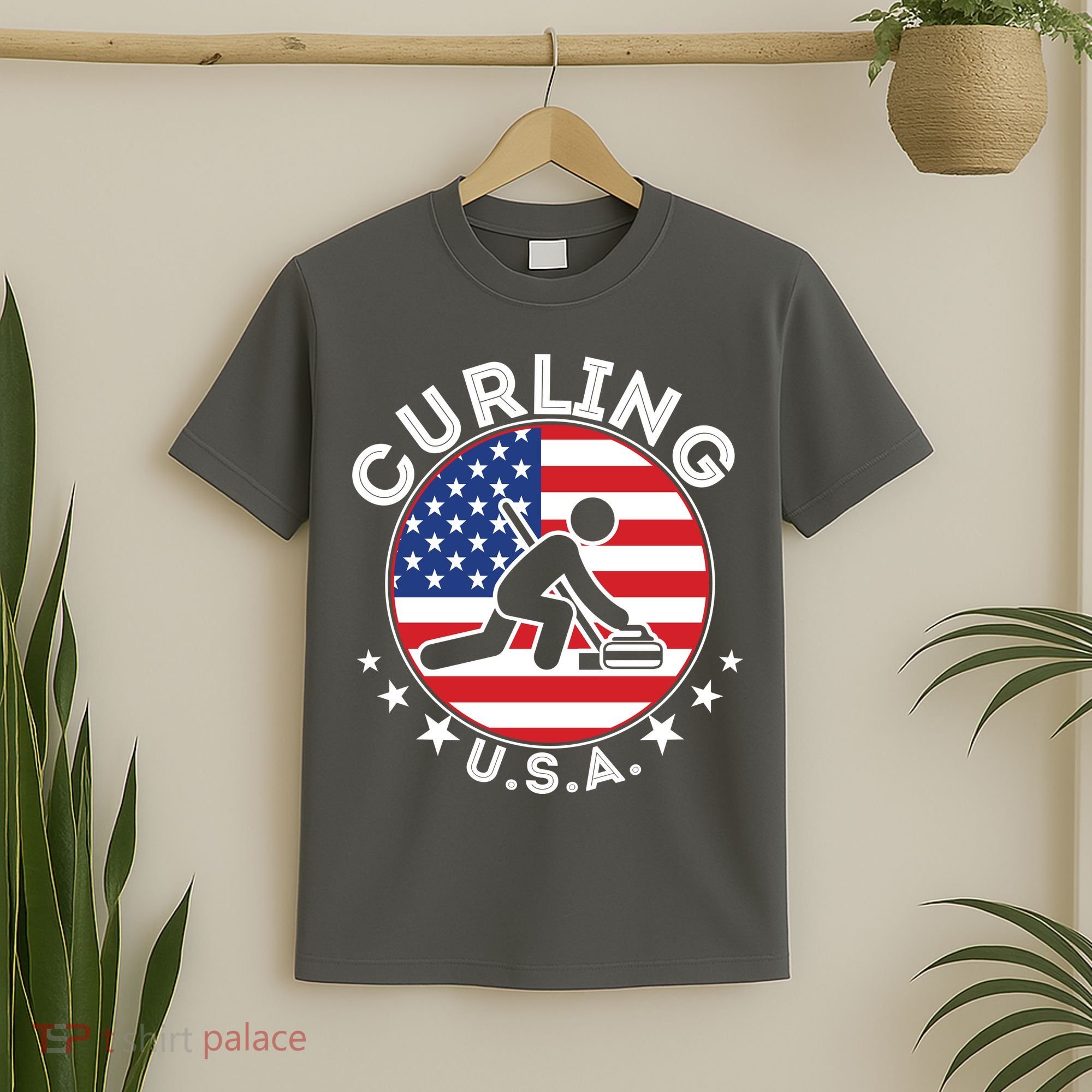 Cool USA Curling Team Flag Emblem Logo T-Shirt