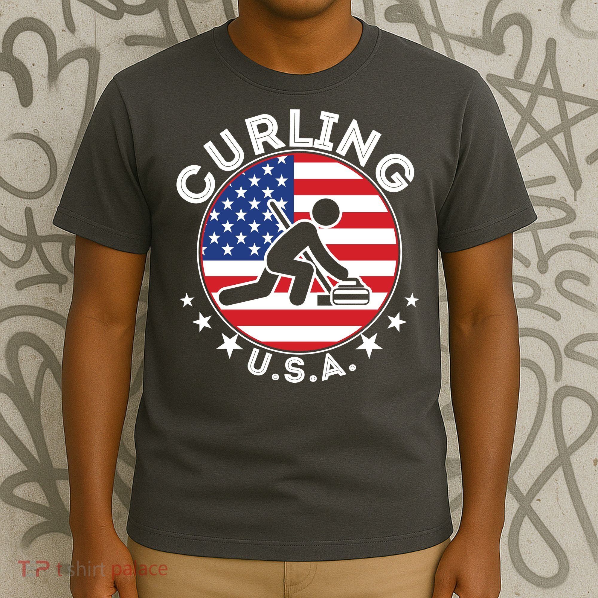 Cool USA Curling Team Flag Emblem Logo T-Shirt