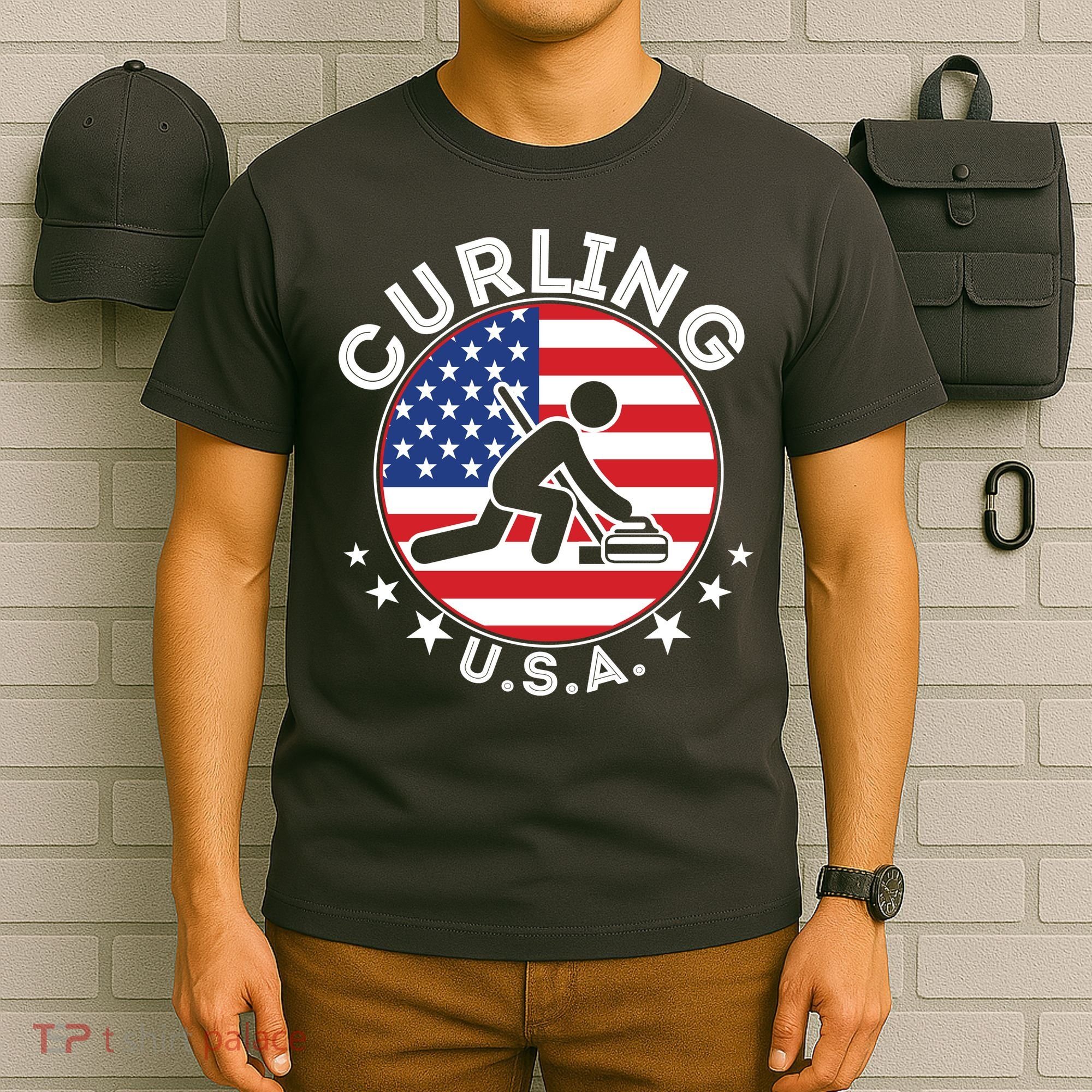Cool USA Curling Team Flag Emblem Logo T-Shirt