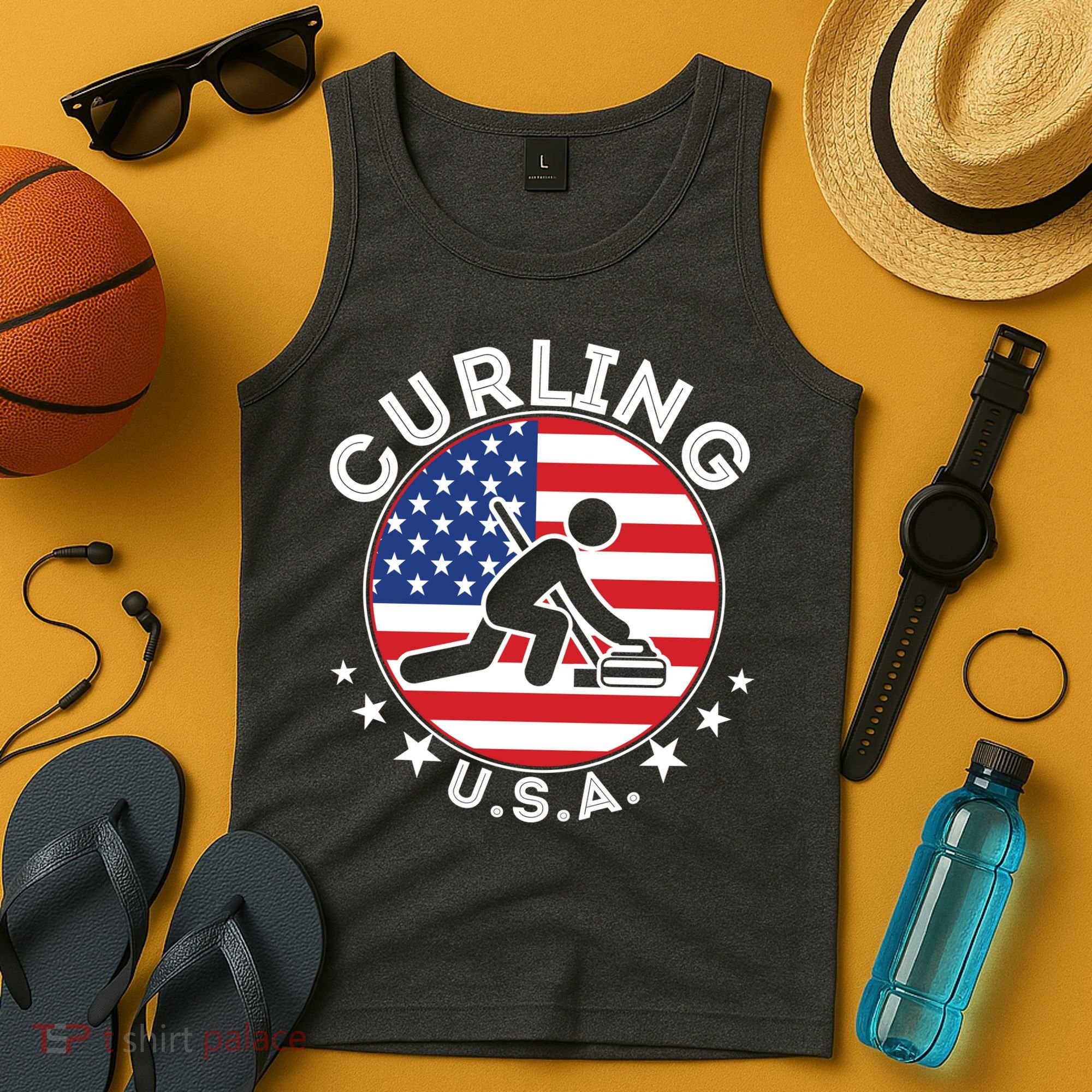 Cool USA Curling Team Flag Emblem Logo Tank Top