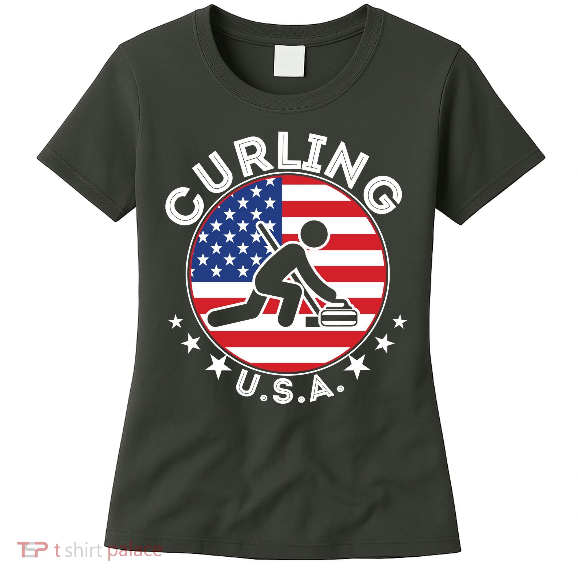 Cool USA Curling Team Flag Emblem Logo Women's T-Shirt