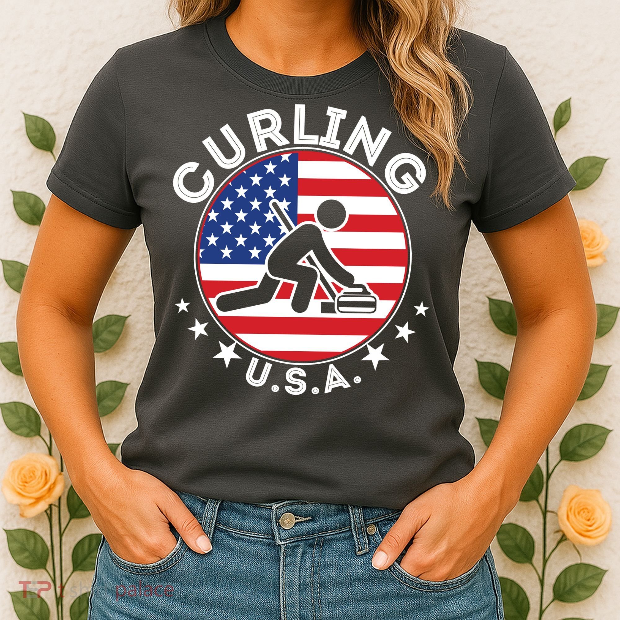 Cool USA Curling Team Flag Emblem Logo Women's T-Shirt
