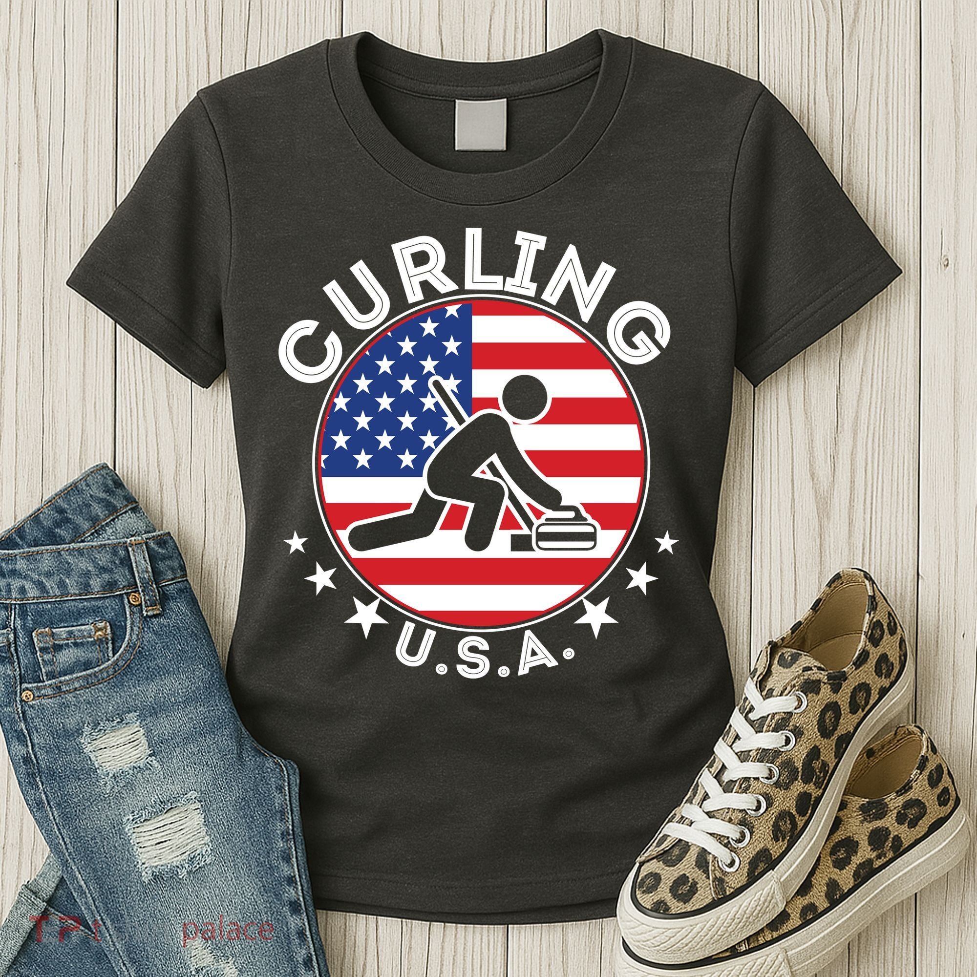 Cool USA Curling Team Flag Emblem Logo Women's T-Shirt