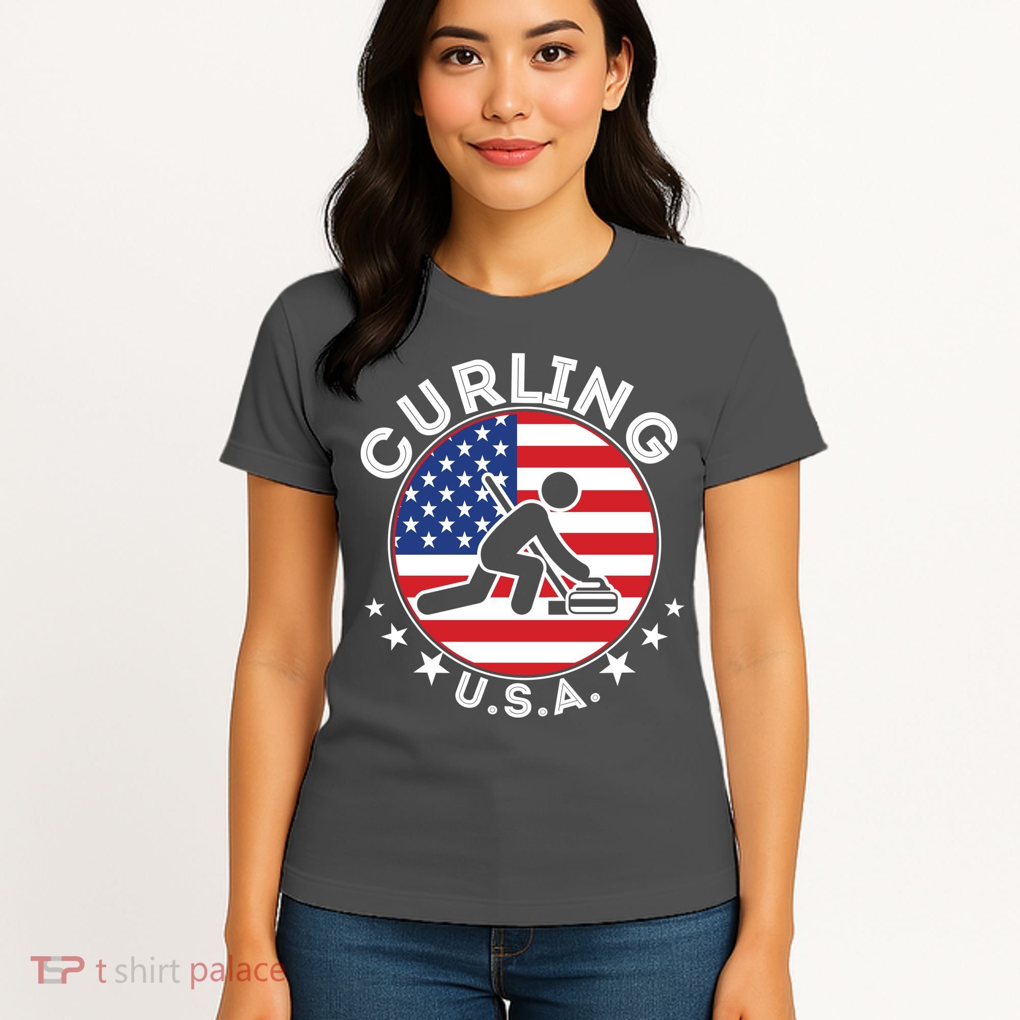 Cool USA Curling Team Flag Emblem Logo Women's T-Shirt