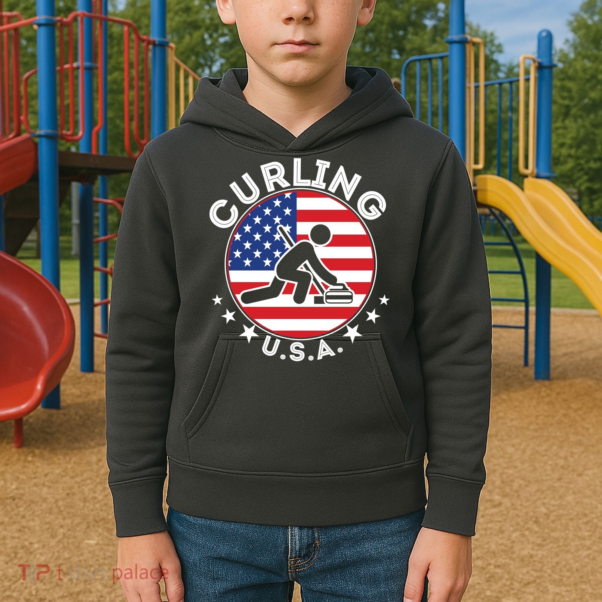 Cool USA Curling Team Flag Emblem Logo Kids Hoodie