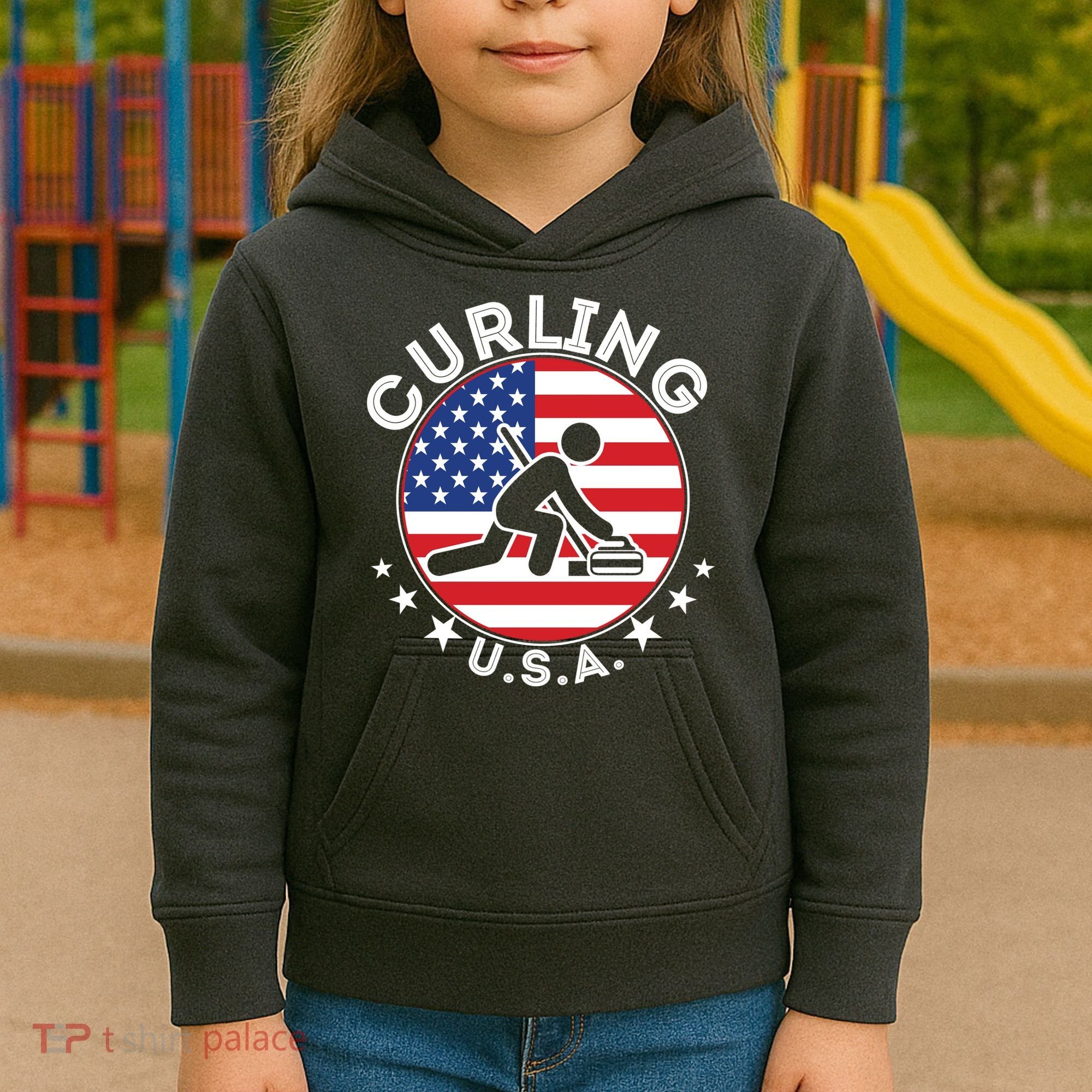 Cool USA Curling Team Flag Emblem Logo Kids Hoodie