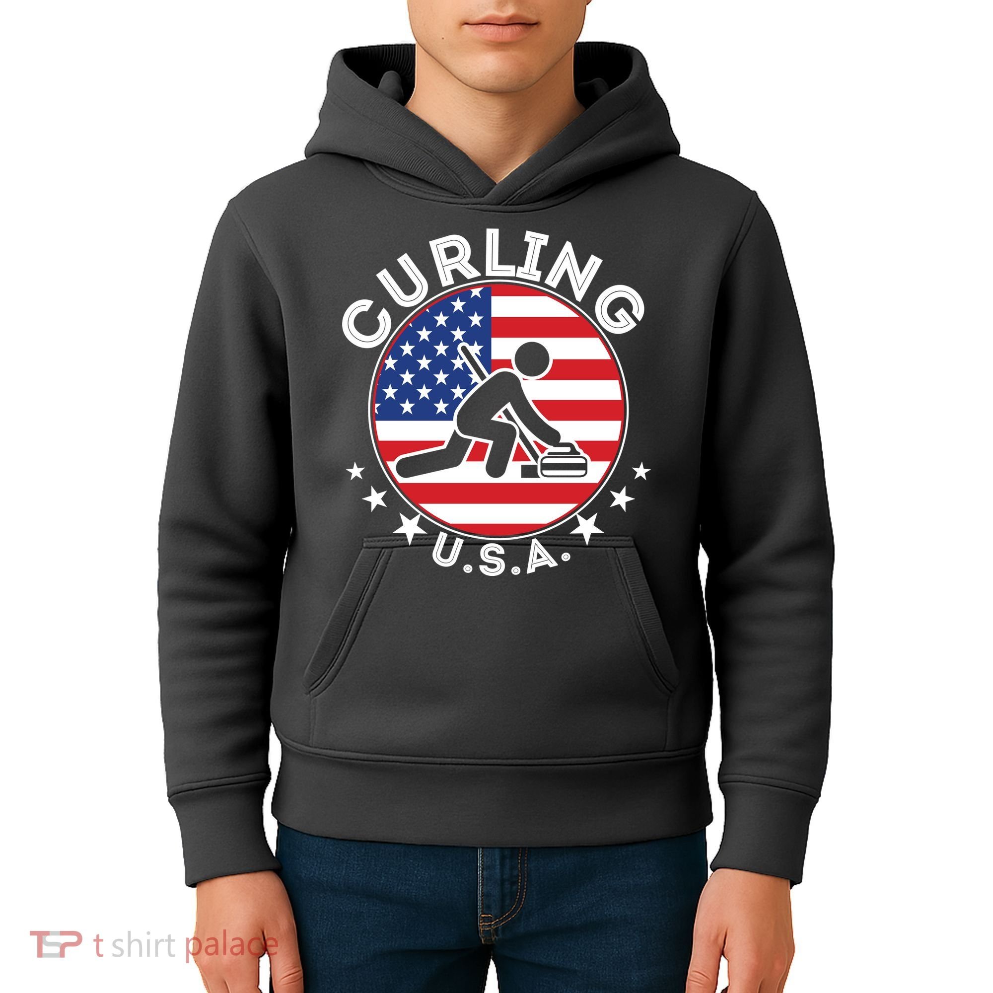 Cool USA Curling Team Flag Emblem Logo Kids Hoodie