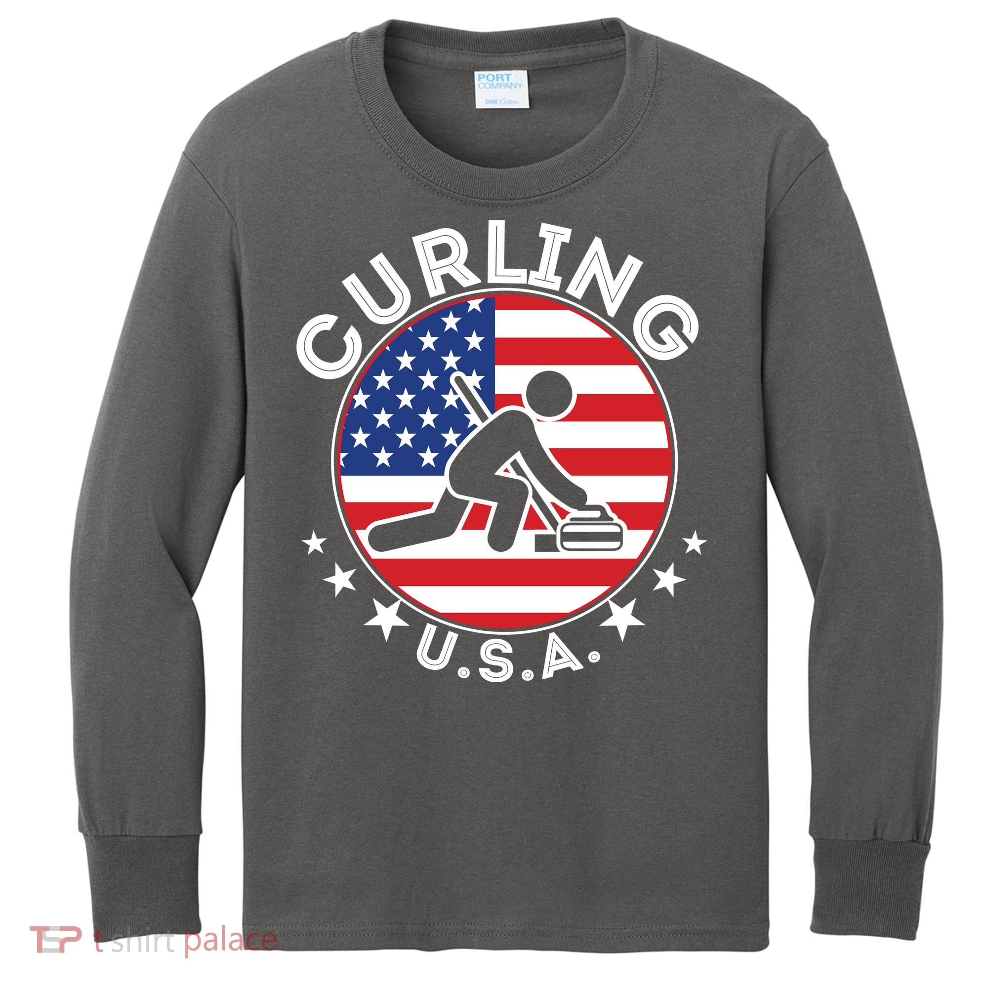 Cool USA Curling Team Flag Emblem Logo Kids Long Sleeve Shirt