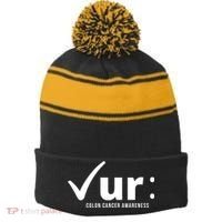 Check Ur Colon Cancer Awareness Stripe Pom Pom Beanie thumb 0