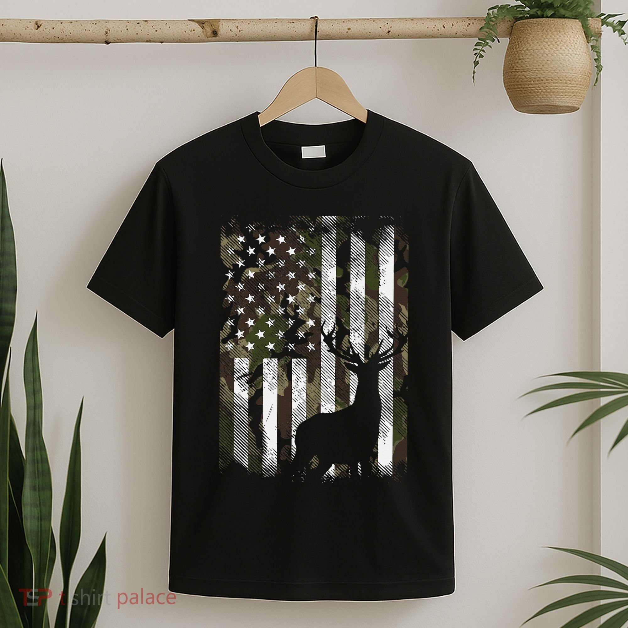 Camo Us Flag Deer Elk Buck Camoflage Hunting Hunter Dad T-Shirt