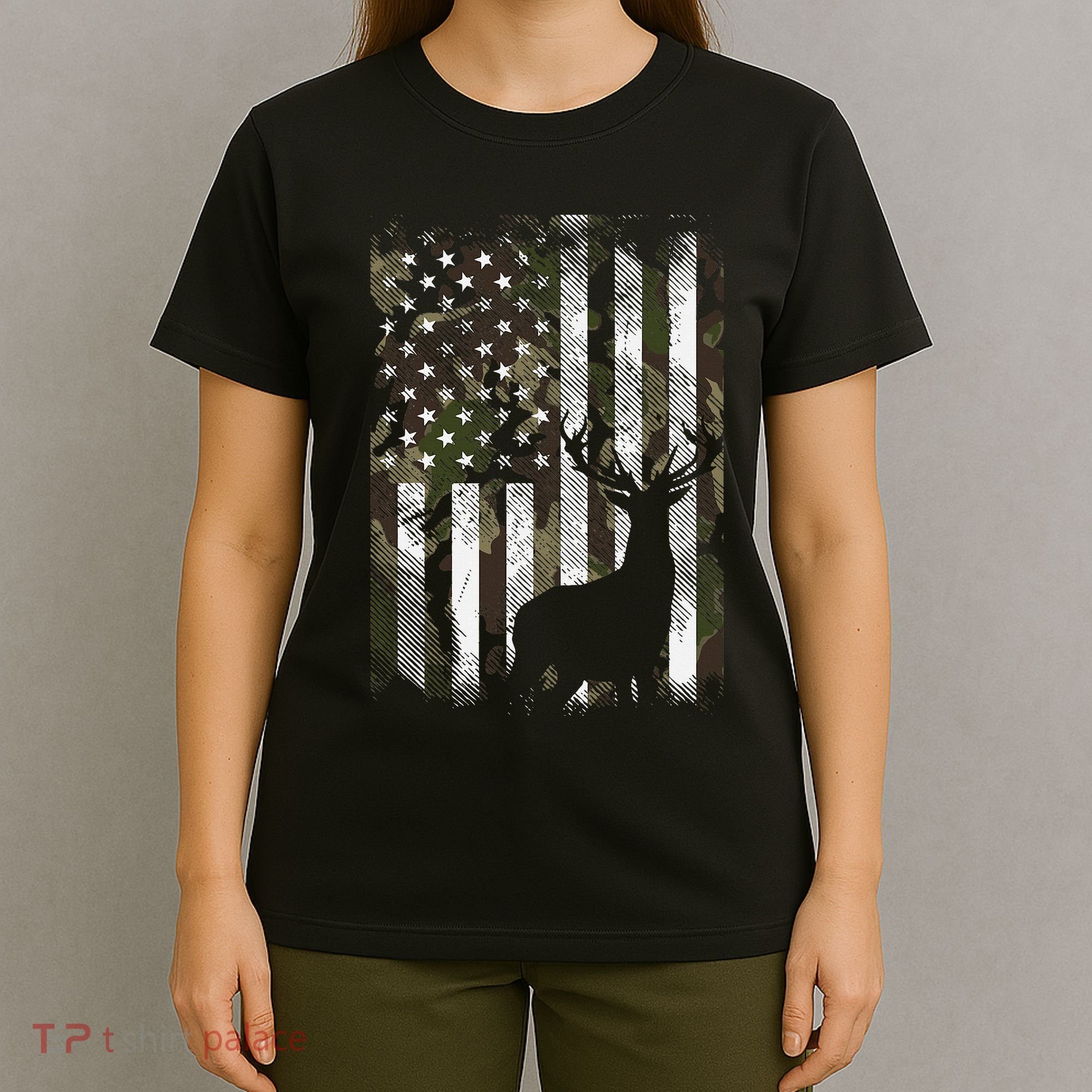 Camo Us Flag Deer Elk Buck Camoflage Hunting Hunter Dad T-Shirt