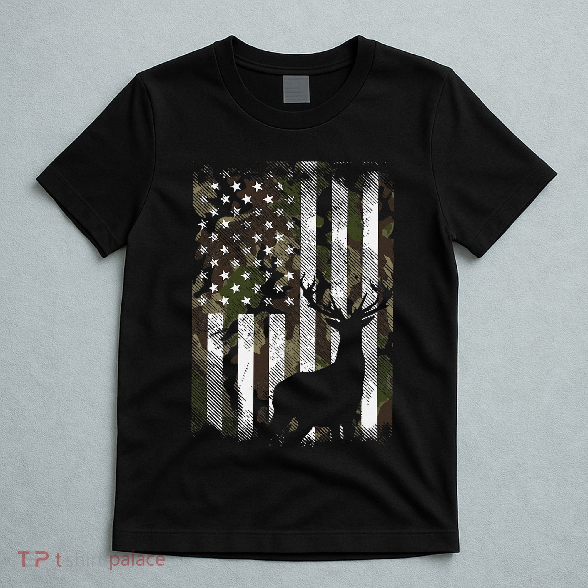Camo Us Flag Deer Elk Buck Camoflage Hunting Hunter Dad T-Shirt