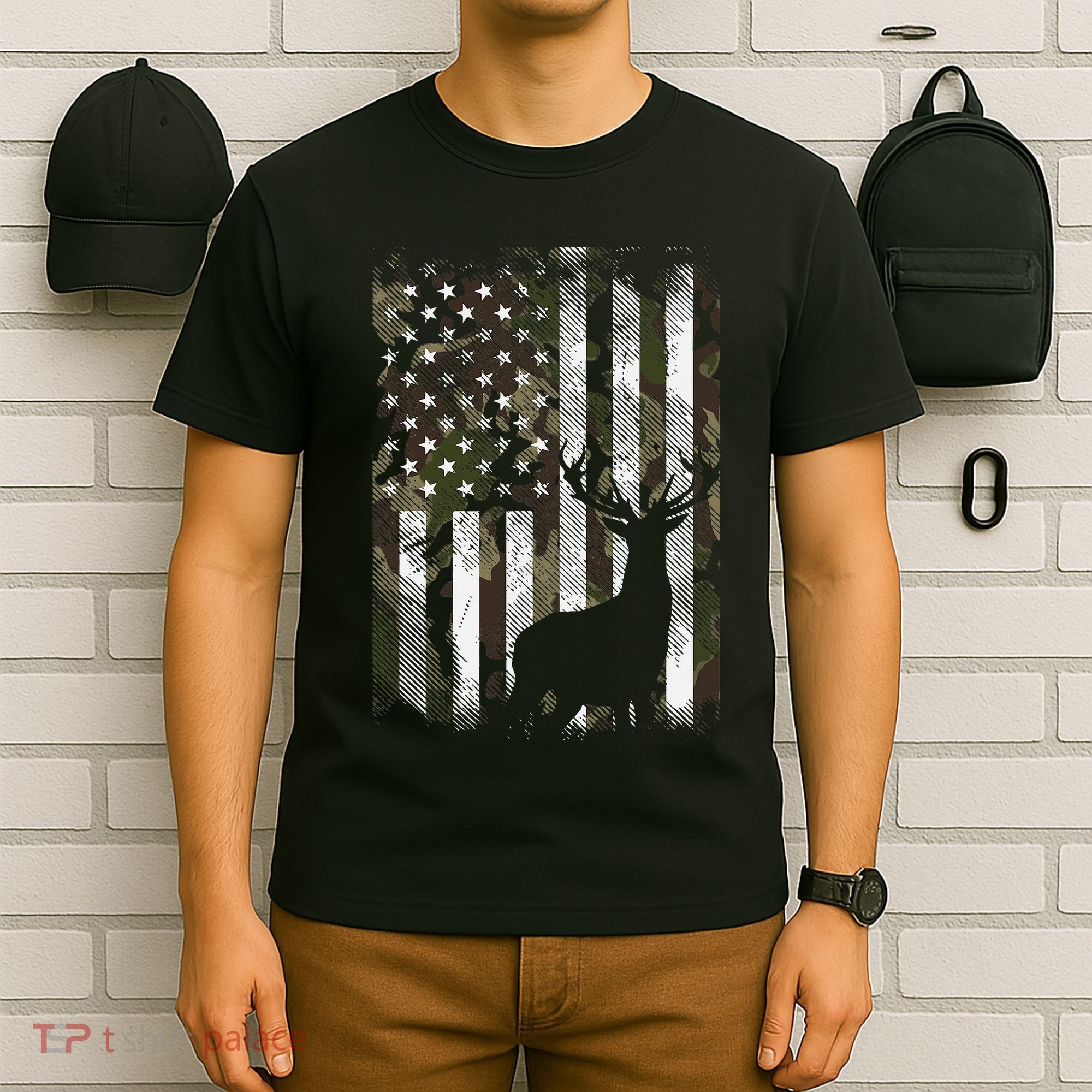 Camo Us Flag Deer Elk Buck Camoflage Hunting Hunter Dad T-Shirt