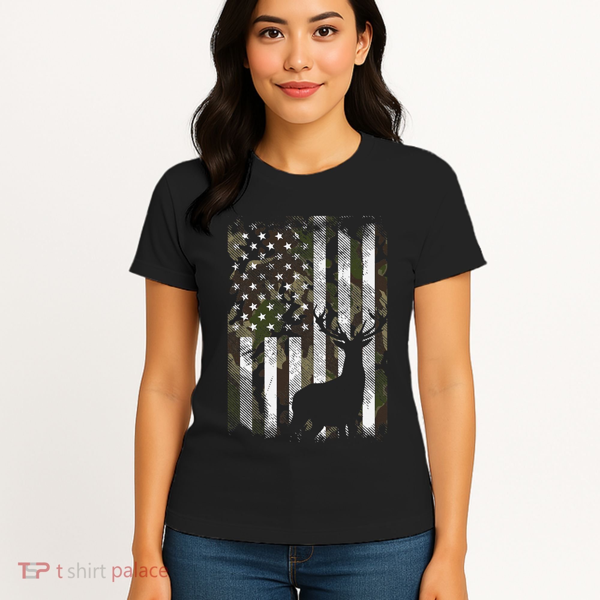 Camo Us Flag Deer Elk Buck Camoflage Hunting Hunter Dad Women's T-Shirt