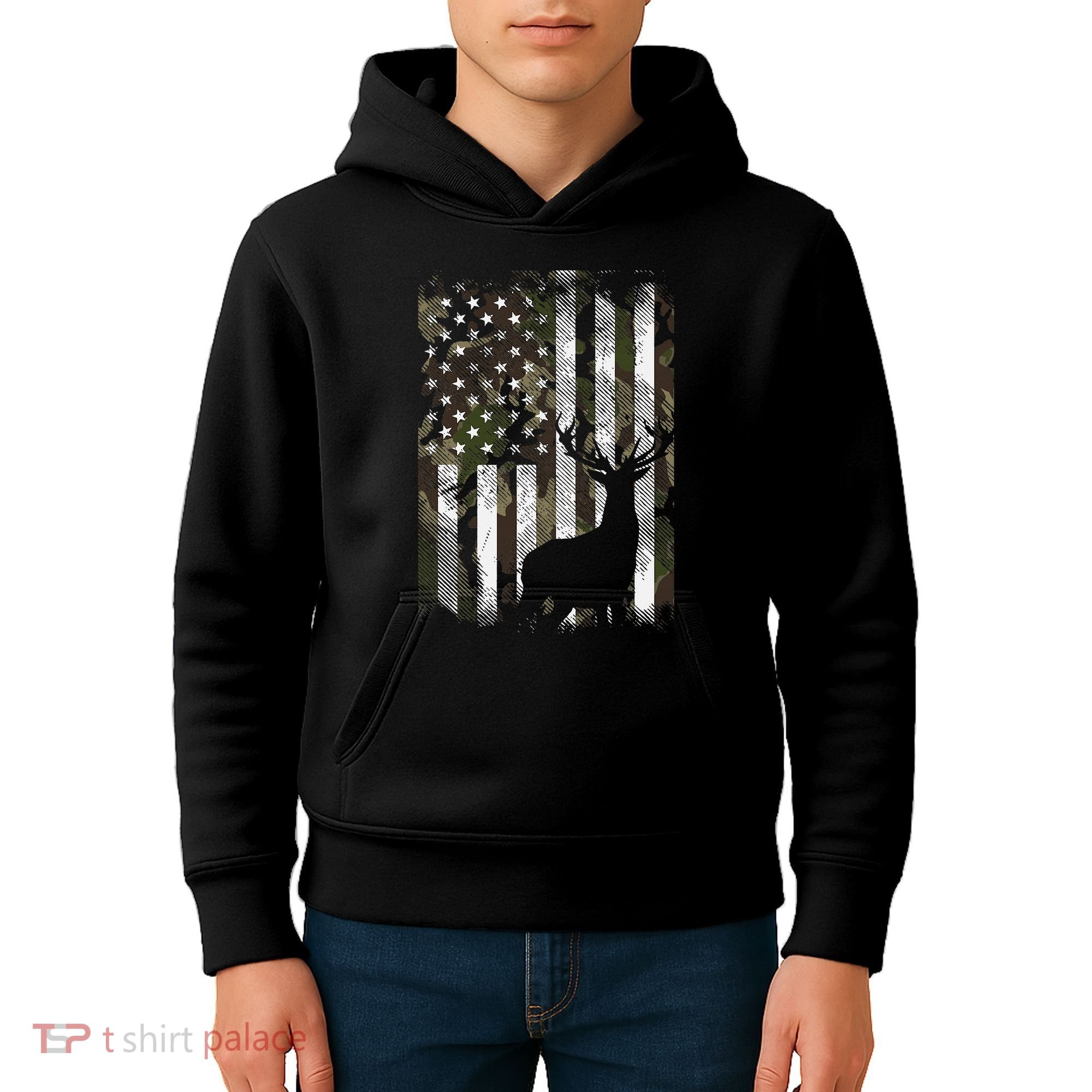 Camo Us Flag Deer Elk Buck Camoflage Hunting Hunter Dad Kids Hoodie
