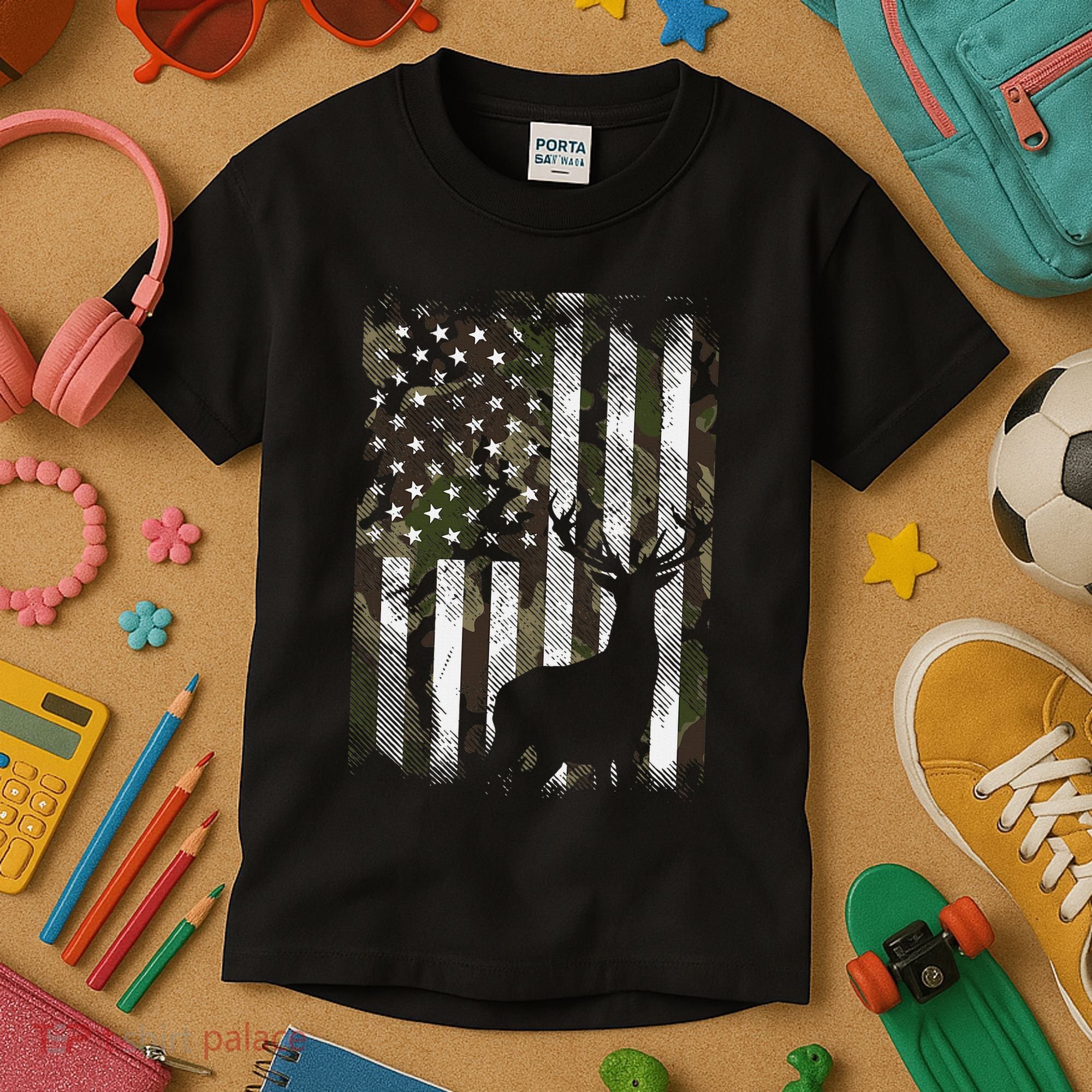 Camo Us Flag Deer Elk Buck Camoflage Hunting Hunter Dad Kids T-Shirt
