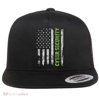 Cybersecurity USA Flag Computer Engineer Programmer Hacker Flat Bill Trucker Hat