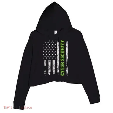 Cybersecurity USA Flag Computer Engineer Programmer Hacker Crop Fleece Hoodie