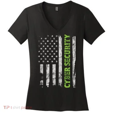 Cybersecurity USA Flag Computer Engineer Programmer Hacker Women's V-Neck T-Shirt