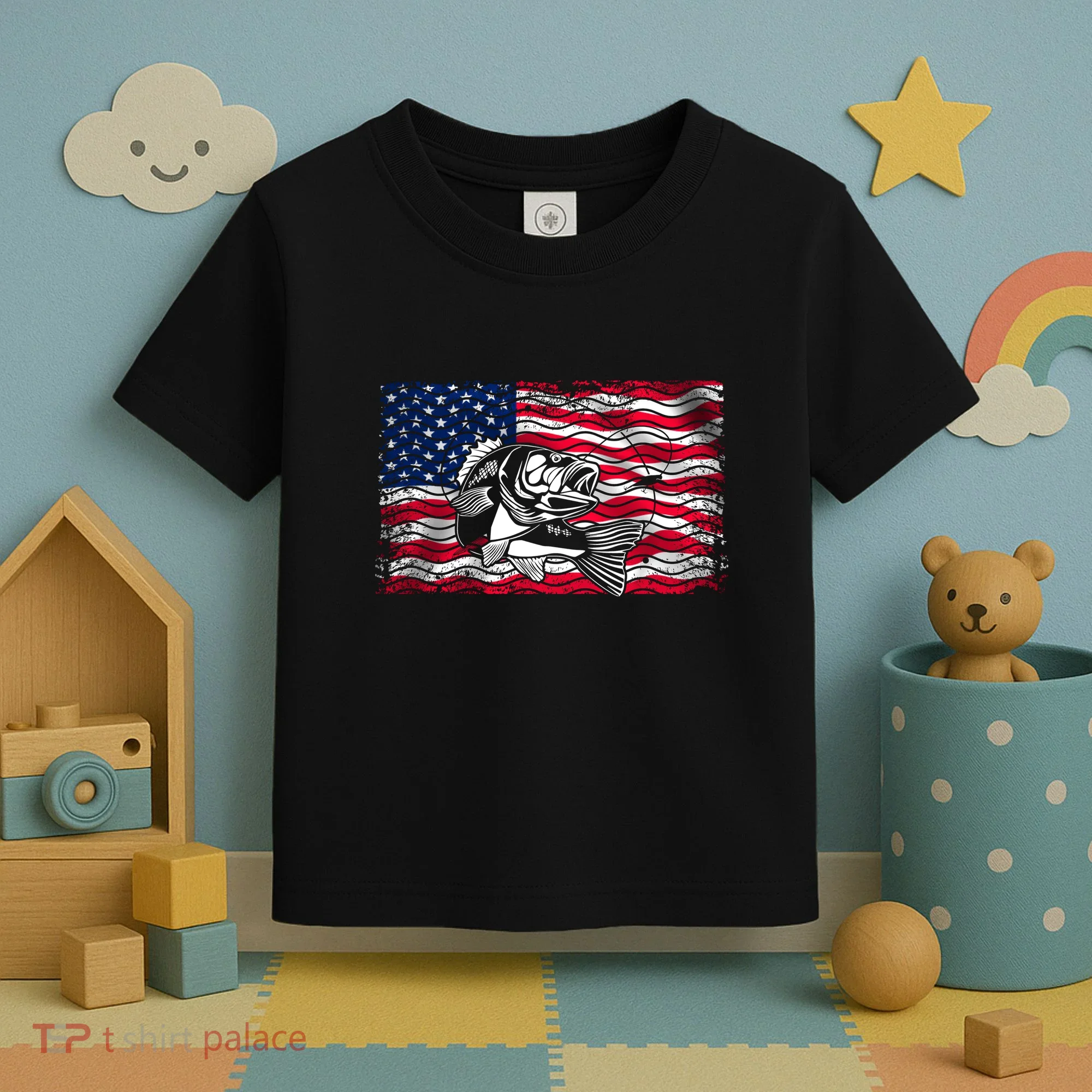 Cool Usa Flag With Fish Toddler T-Shirt