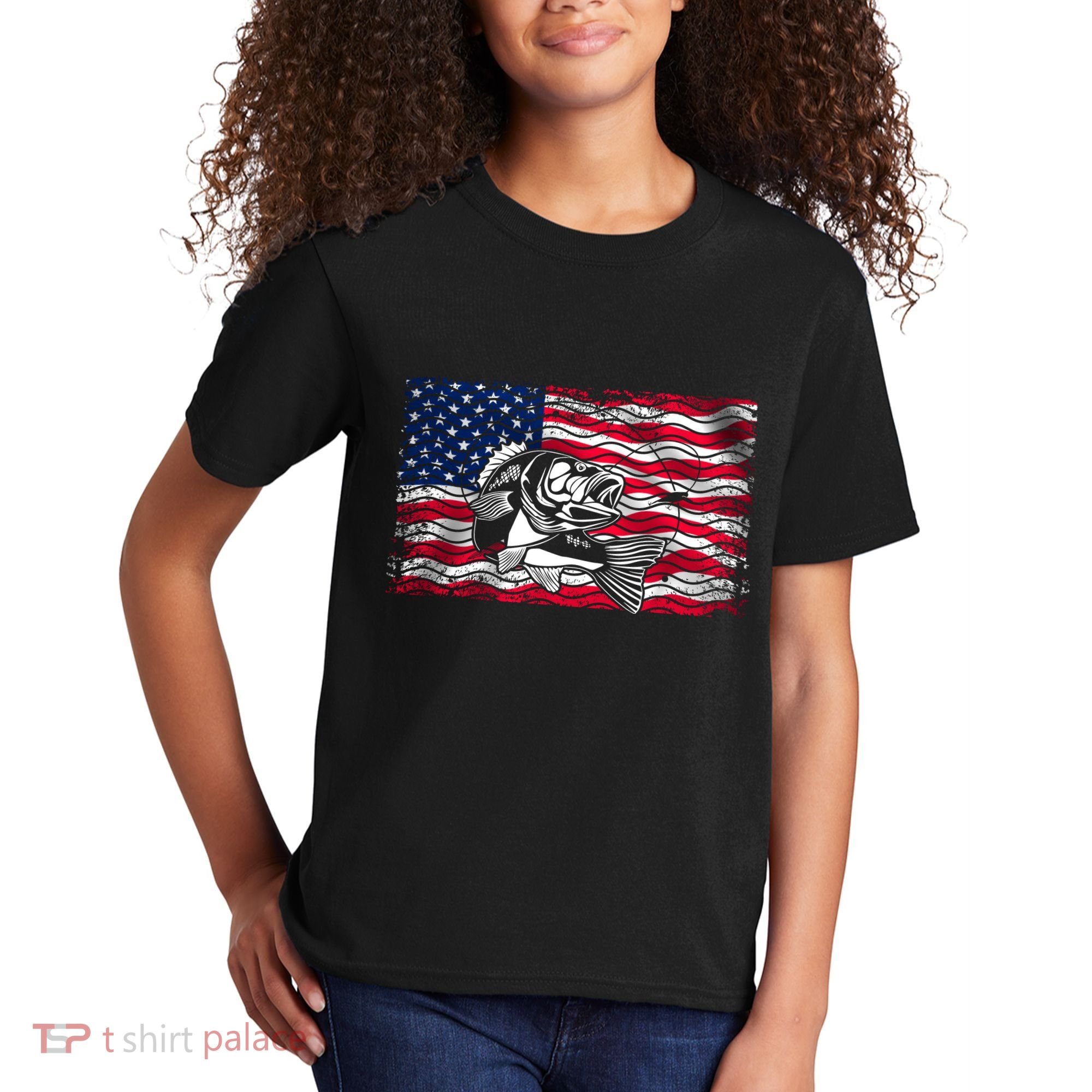 Cool Usa Flag With Fish Kids T-Shirt