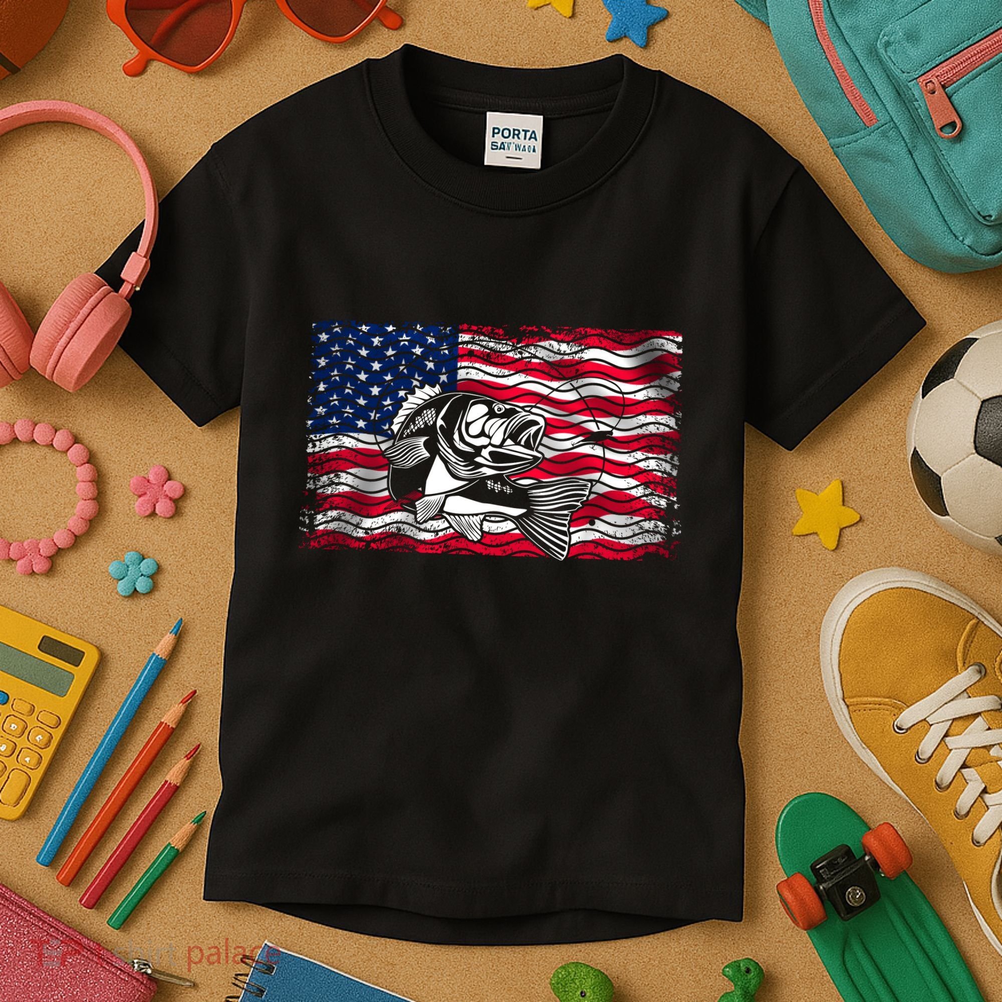 Cool Usa Flag With Fish Kids T-Shirt