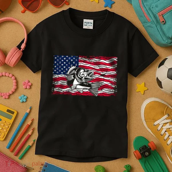 Cool Usa Flag With Fish Kids T-Shirt