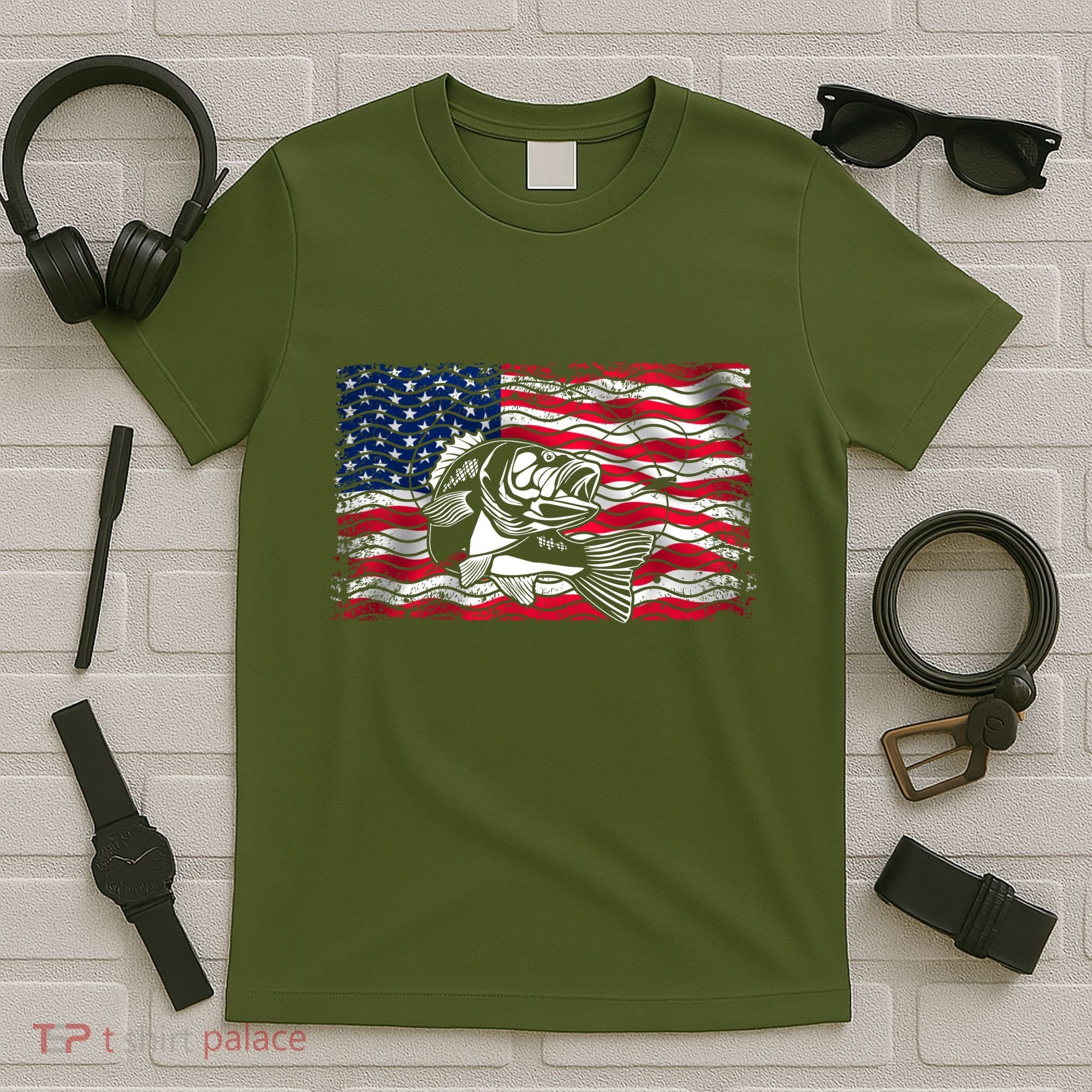 Cool Usa Flag With Fish T-Shirt