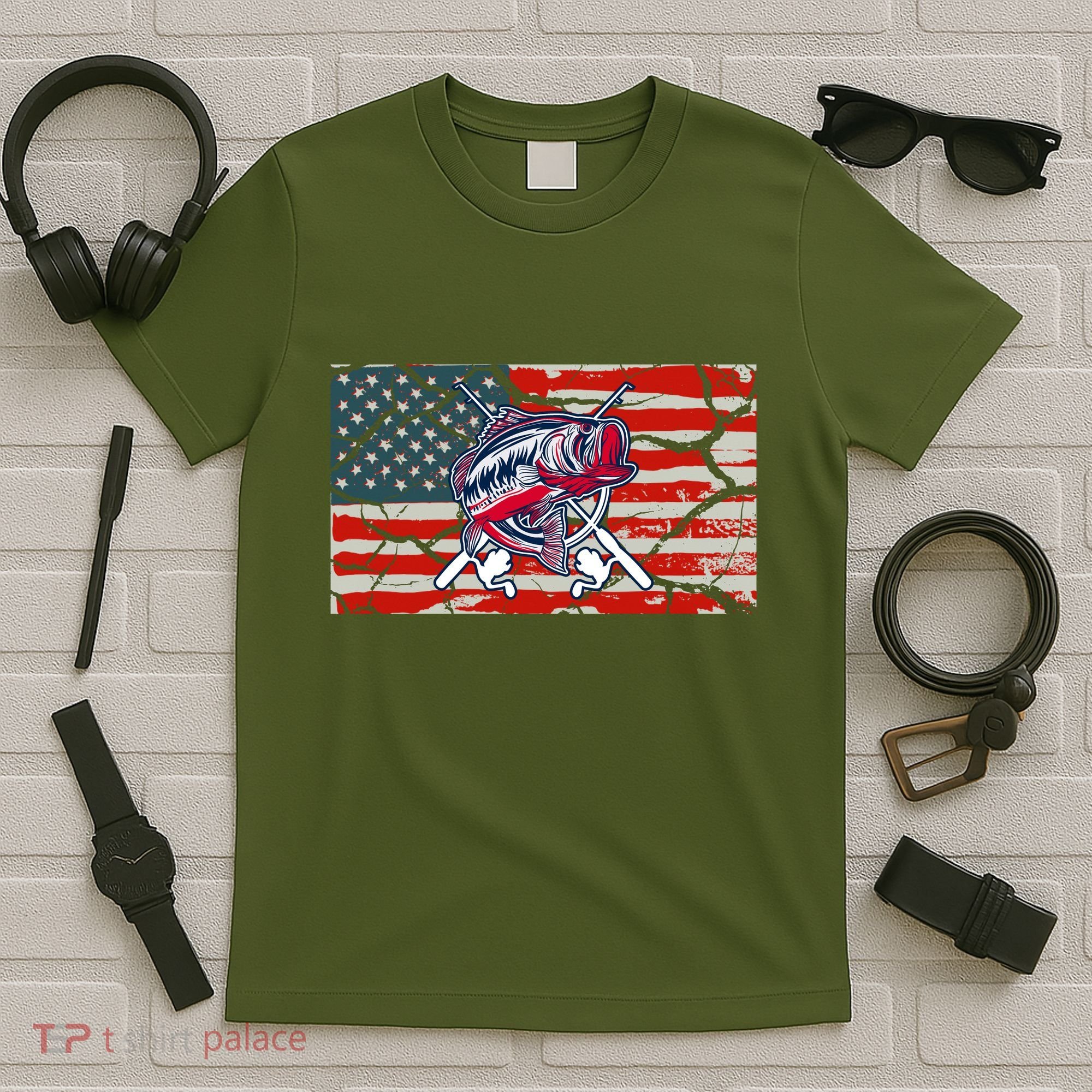 Cool Usa Fishing With Flag T-Shirt