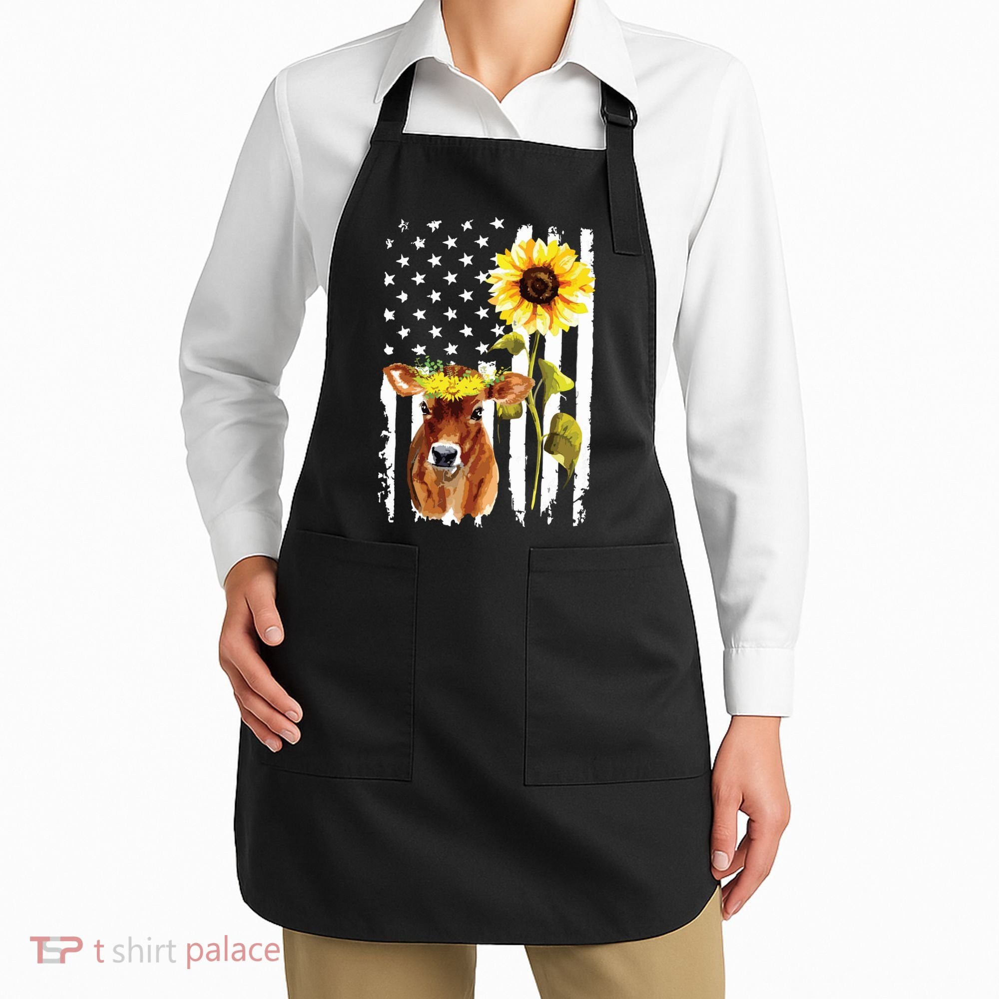 Cow USA Flag Sunflower Cow Lover Apron