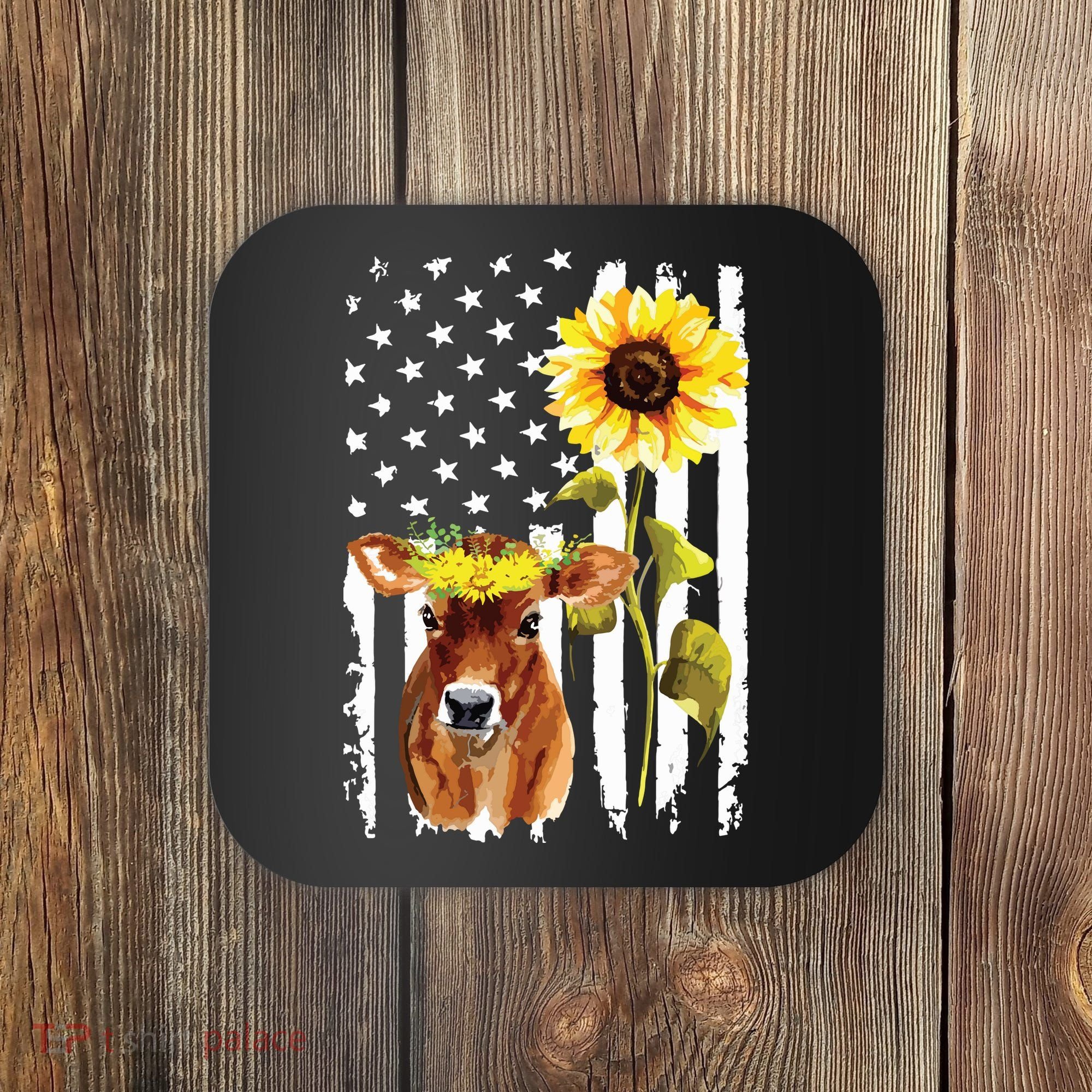 Cow USA Flag Sunflower Cow Lover Coaster