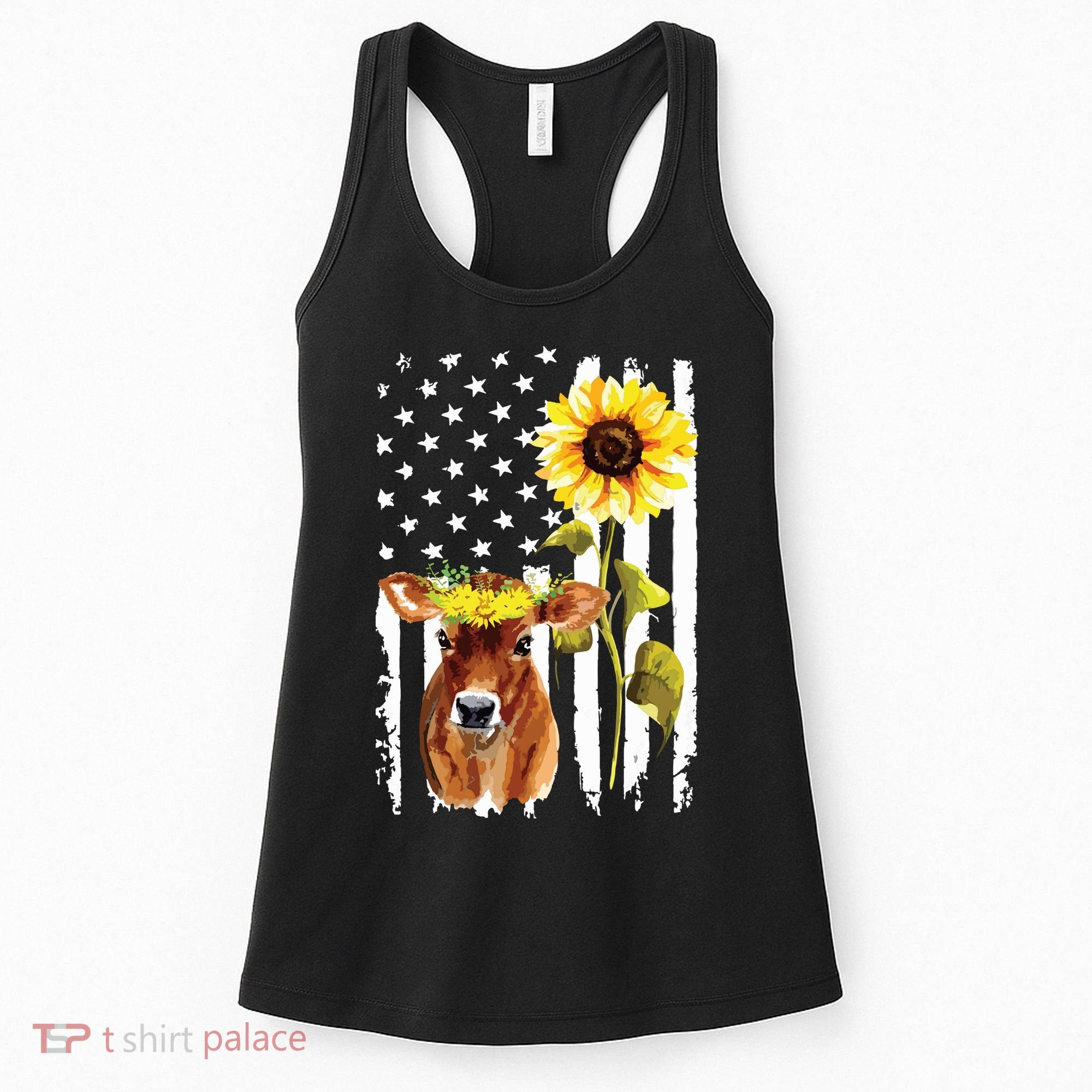 Cow USA Flag Sunflower Cow Lover Women's Tank Top
