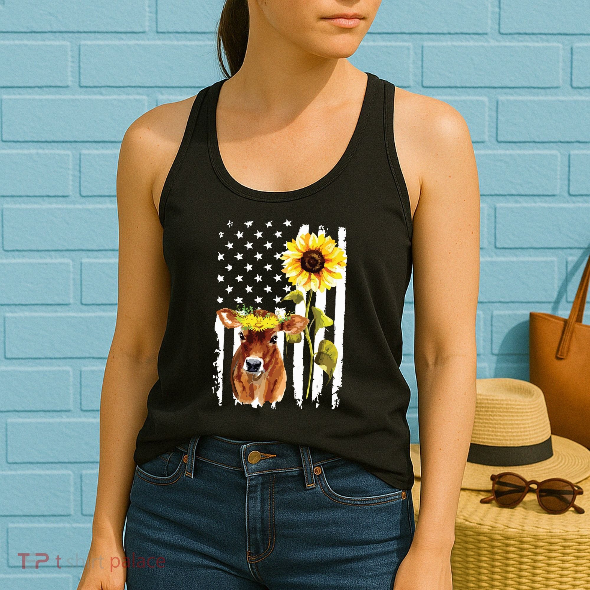 Cow USA Flag Sunflower Cow Lover Women's Tank Top