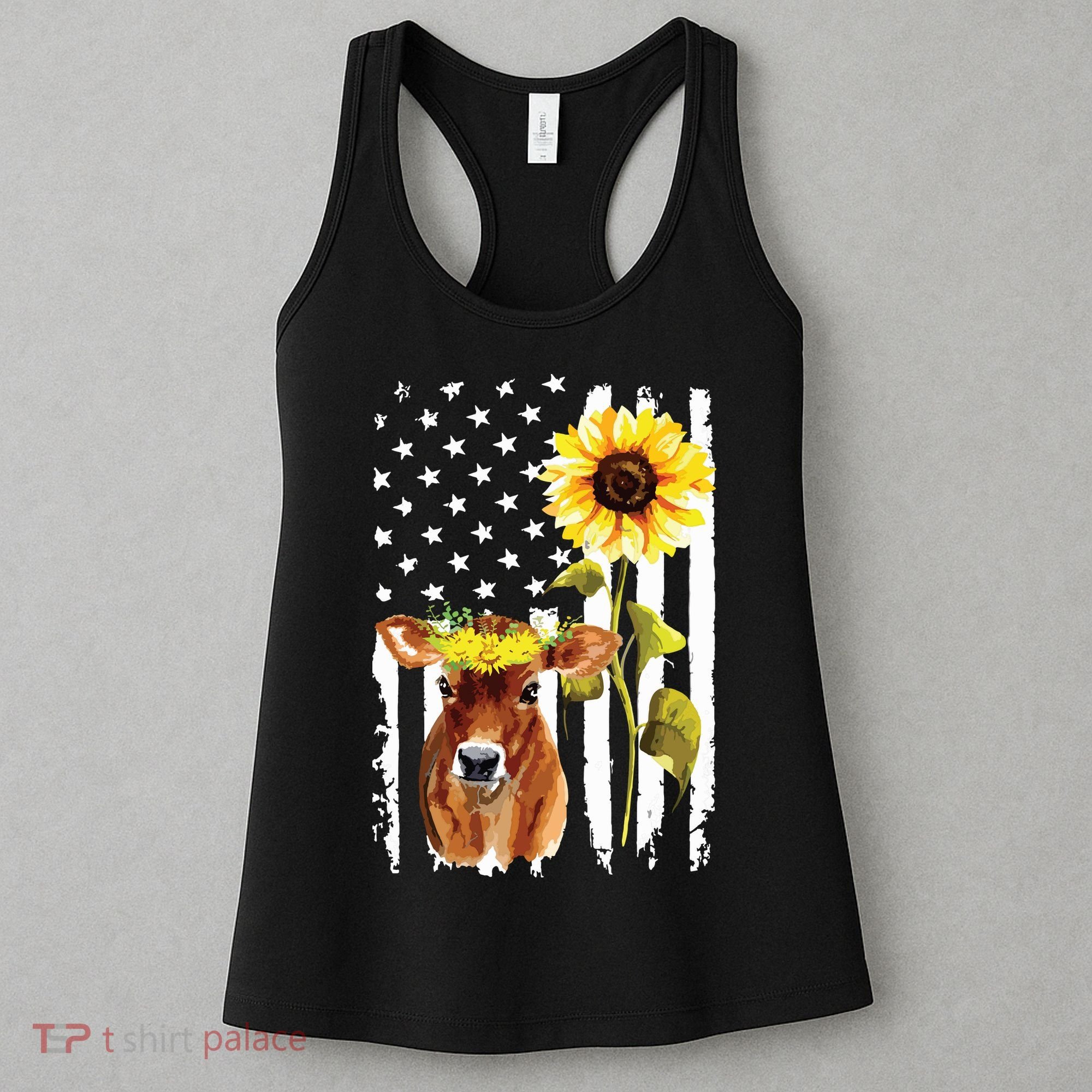 Cow USA Flag Sunflower Cow Lover Women's Tank Top