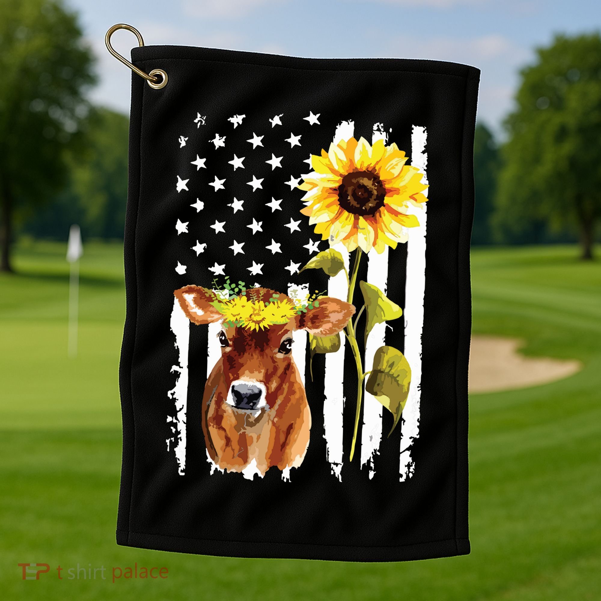 Cow USA Flag Sunflower Cow Lover Golf Towel