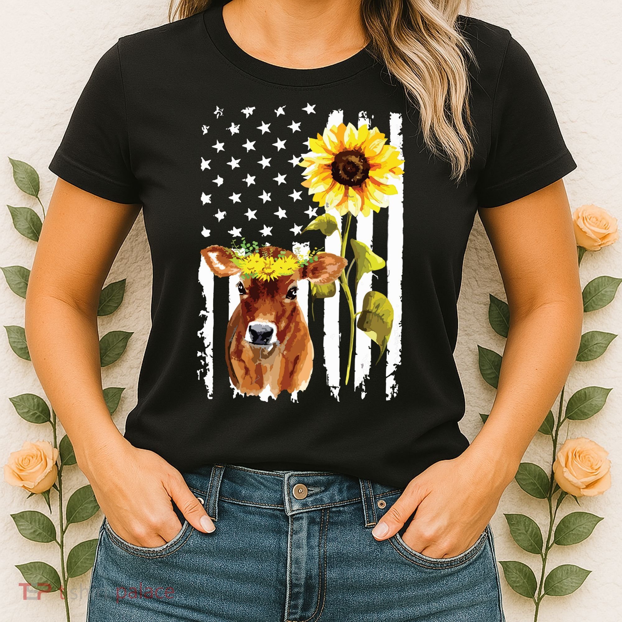 Cow USA Flag Sunflower Cow Lover Women's T-Shirt