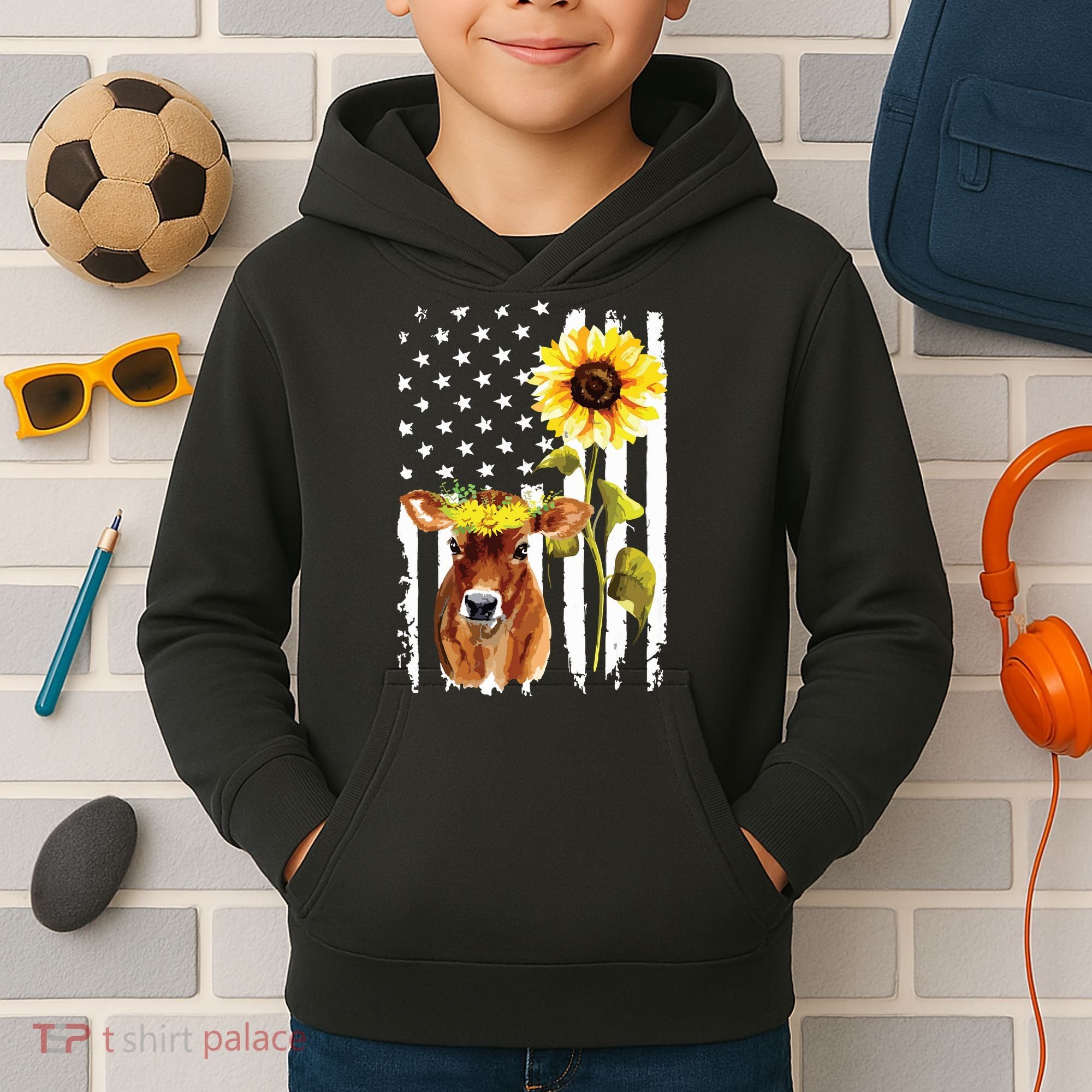 Cow USA Flag Sunflower Cow Lover Kids Hoodie