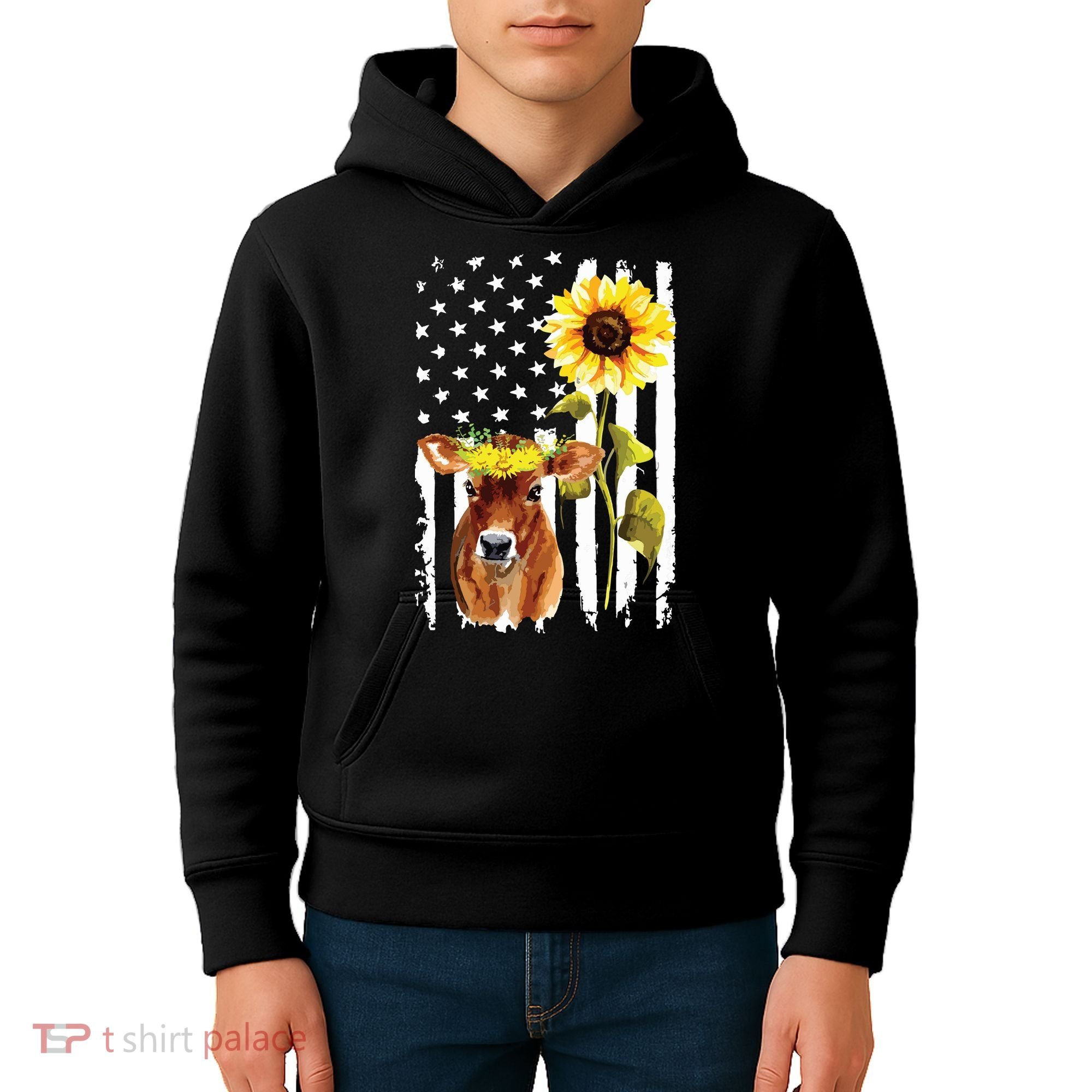 Cow USA Flag Sunflower Cow Lover Kids Hoodie