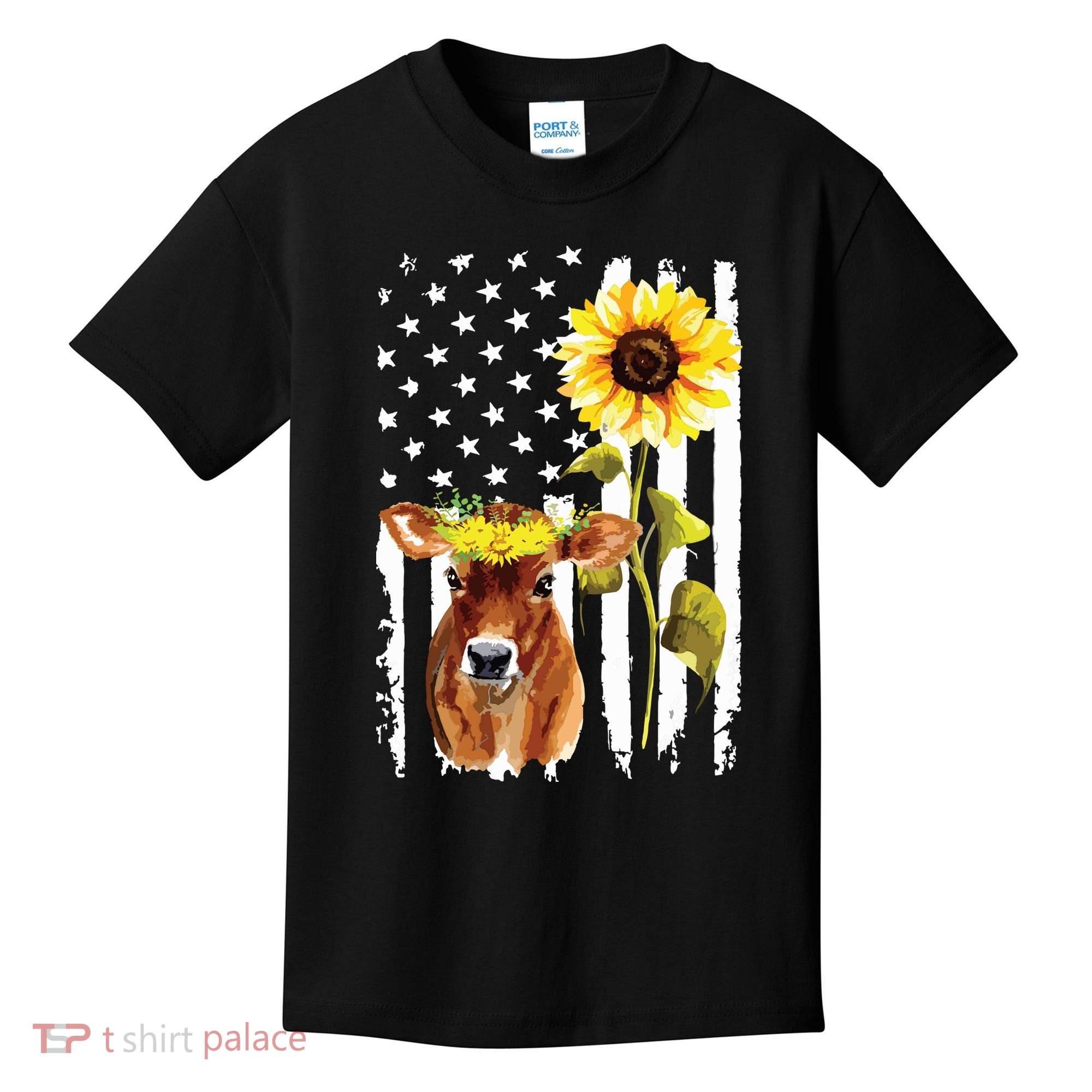 Cow USA Flag Sunflower Cow Lover Kids T-Shirt